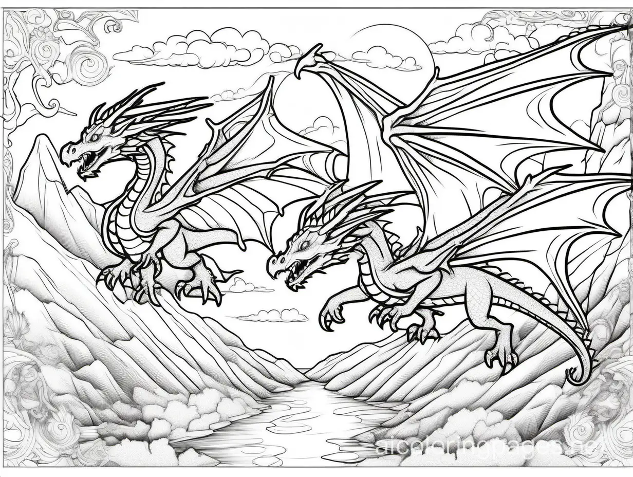 dragons flying over a fantasy land, Coloring Page, black and white, line art, white background, Simplicity, Ample White Space. The background of the coloring page is plain white to make it easy for young children to color within the lines. The outlines of all the subjects are easy to distinguish, making it simple for kids to color without too much difficulty