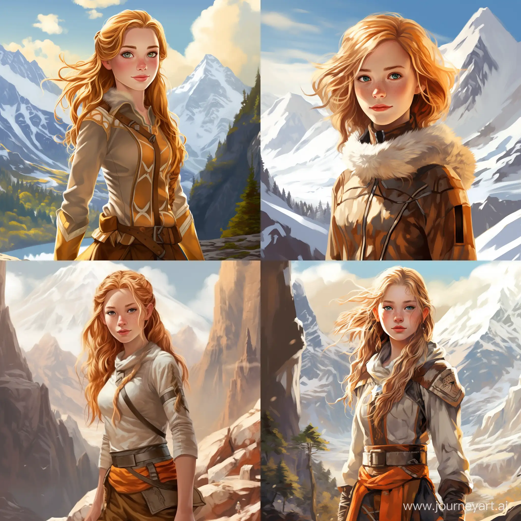 Beautiful girl, golden hair, gray-blue eyes, snow-white skin, teenager, 14 years old, avatar style legend of aang, journey in the mountains, high quality, high detail, cartoon art