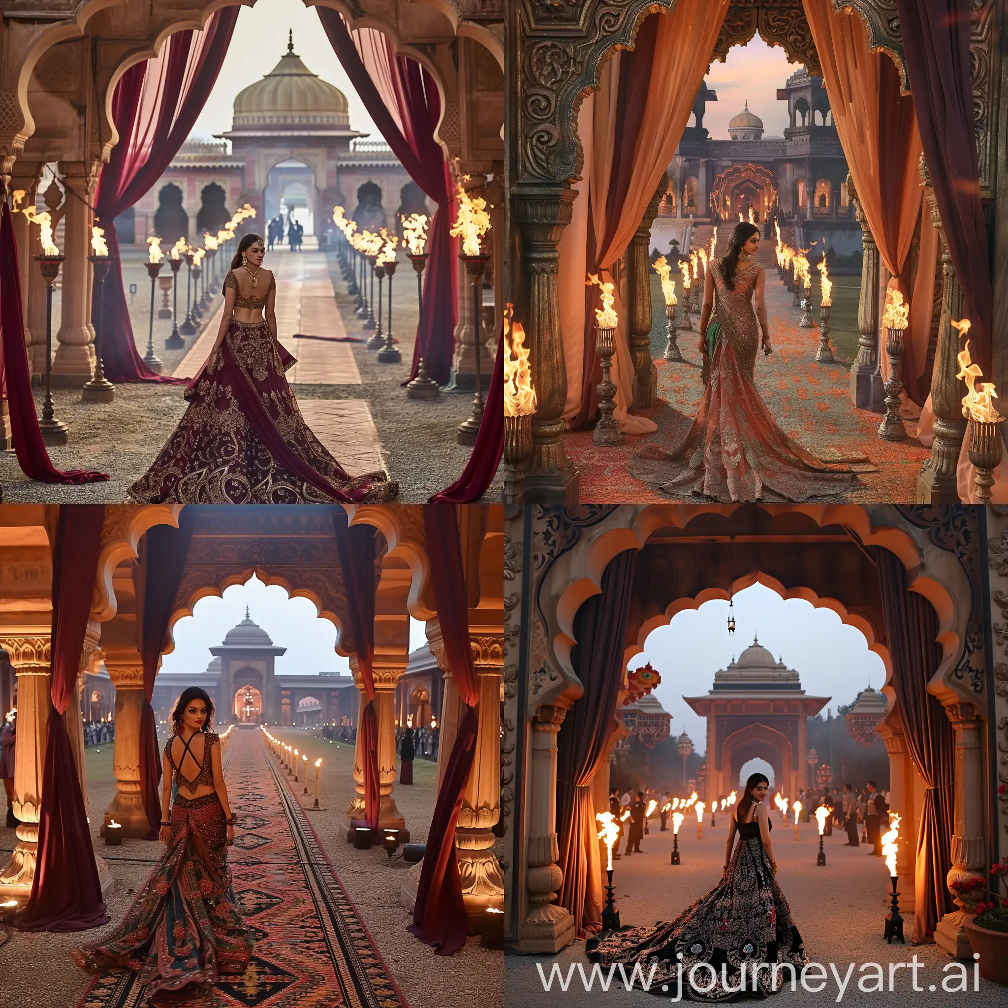 Deepika Padukone - An evening in Everland (Elegant Cocktail):  Prompt: Craft a detailed narrative that transports the reader through the process of Deepika Padukone selecting the enchanting cocktail gown for the red-carpet event themed "An evening in Everland." Describe the inspiration behind the gown, the emotions she feels while wearing it, and the anticipation of the glamorous evening ahead. Setting: An ornate and majestic entrance to a heritage palace or cultural center. Description: Imagine a grand entrance with intricately carved arches, adorned with traditional motifs and vibrant drapes. The pathway is lined with flickering torches, casting a warm glow. As the celebrities make their way through this opulent entrance, they enter a vast courtyard that serves as the main venue for the cultural event. Setting: An ornate and majestic entrance to a heritage palace or cultural center. Description: Imagine a grand entrance with intricately carved arches, adorned with traditional motifs and vibrant drapes. The pathway is lined with flickering torches, casting a warm glow. As the celebrities make their way through this opulent entrance, they enter a vast courtyard that serves as the main venue for the cultural event.Setting: An ornate and majestic entrance to a heritage palace or cultural center.