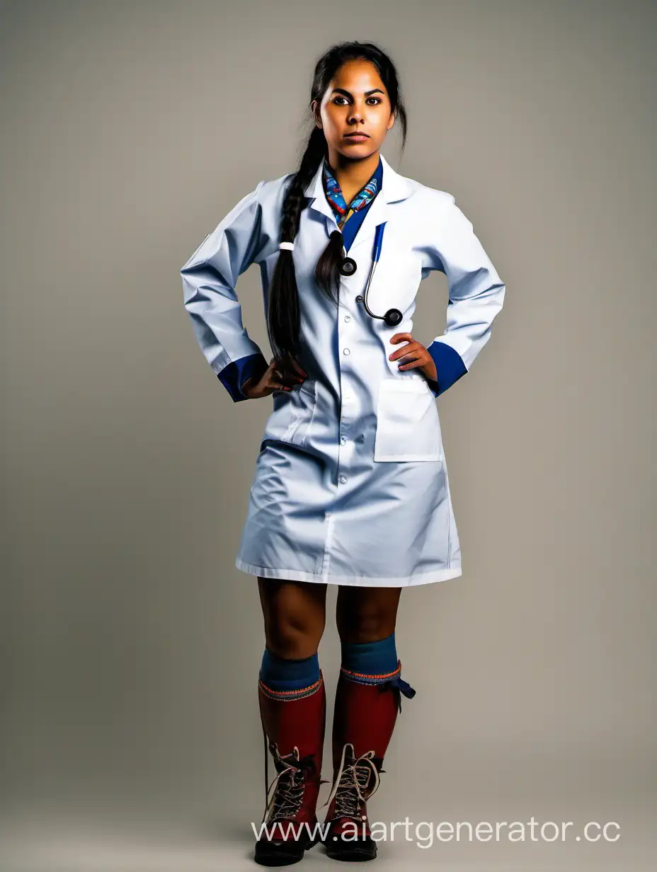 Young indigenous vet nurse with bare legs and long sleeves with pigtails, full height