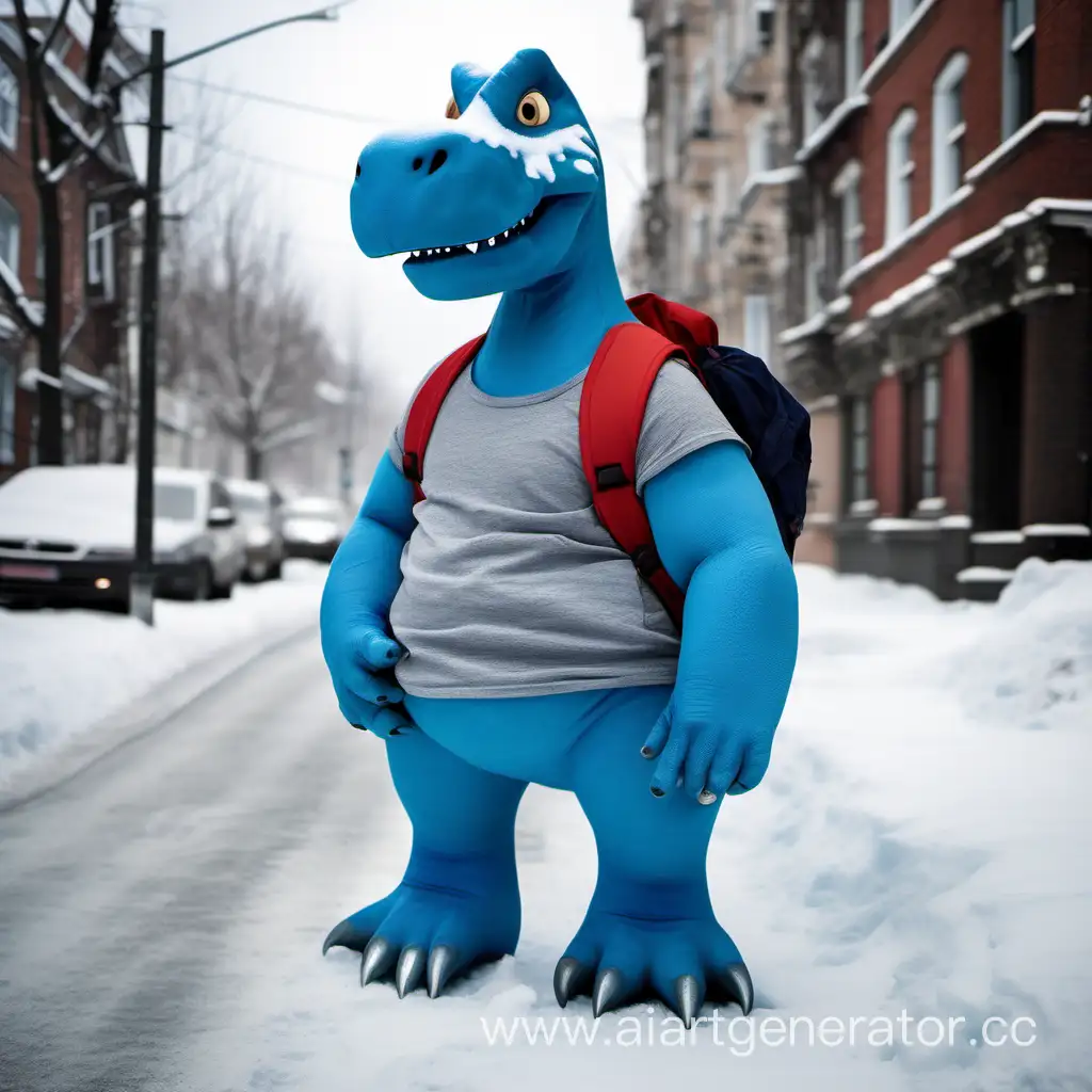 голубой динозаврик стоит на улице зимой ,одетый в футболку и шорты