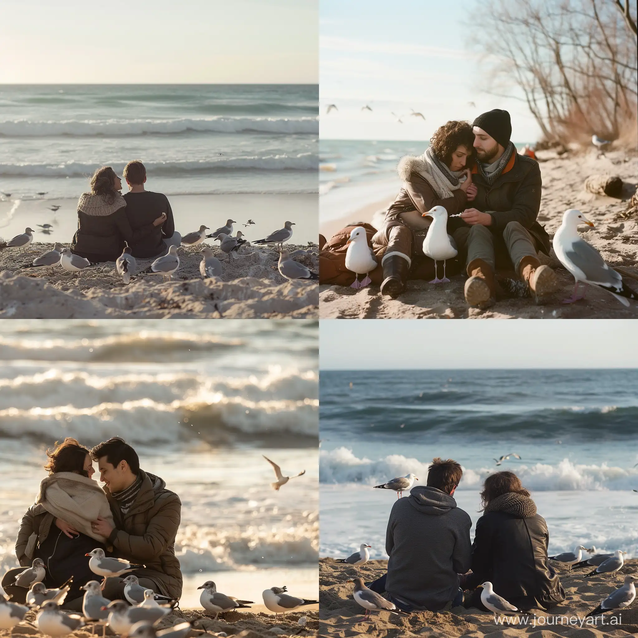 Romantic-Beach-Snuggle-Couple-Feeding-Seagulls