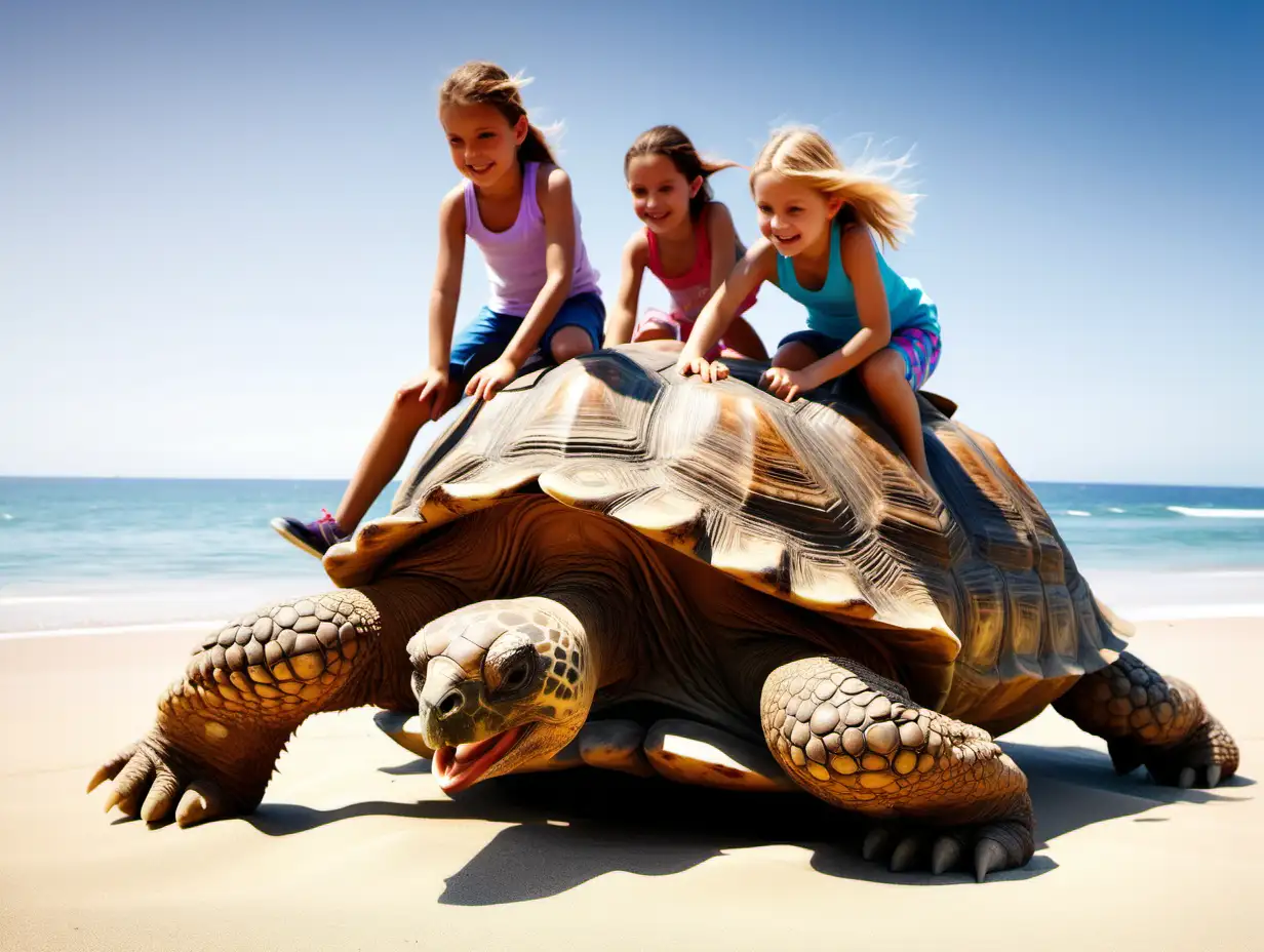 children riding on giant tortoise on a Spanish beach