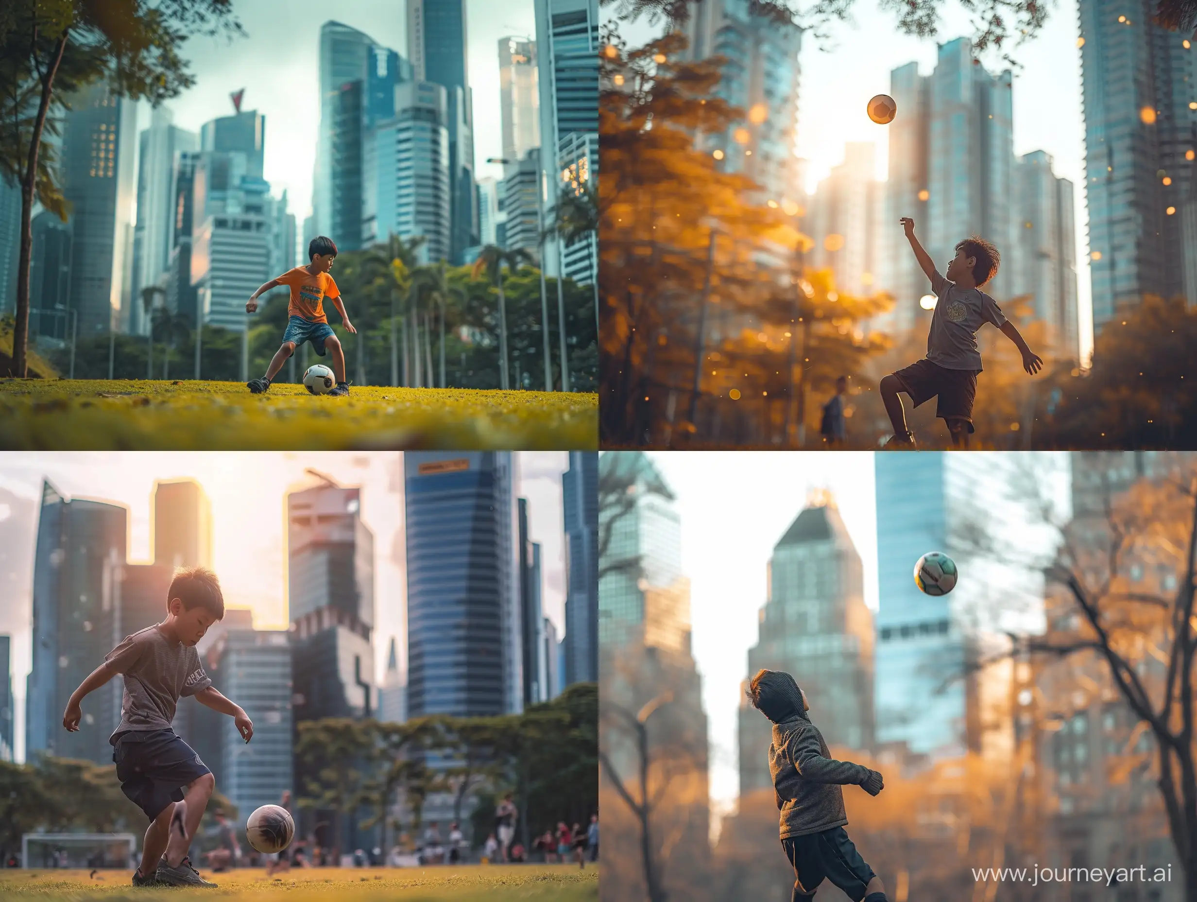 Create a realistic image of a boy playing football in an urban park. Use a Nikon D850 DSLR camera with a 200mm lens with F 1.2 aperture to isolate your subject and add a blurred skyscraper background. 