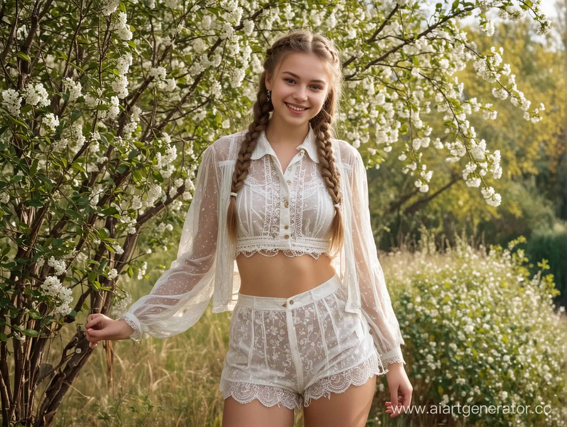 Портрет, Деревенский дом, вишнёвые ветки, Молодая 18 лет русская девушка  улыбается, кружевные полупрозрачные шорты с высокой талией, короткая распашонка, длинные косы