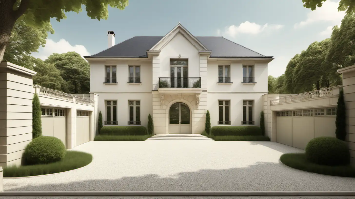The exterior of a Modern Haussmann home with a double garage either side; limestone driveway; beige, ivory; sprawling gardens;  behind a fence;