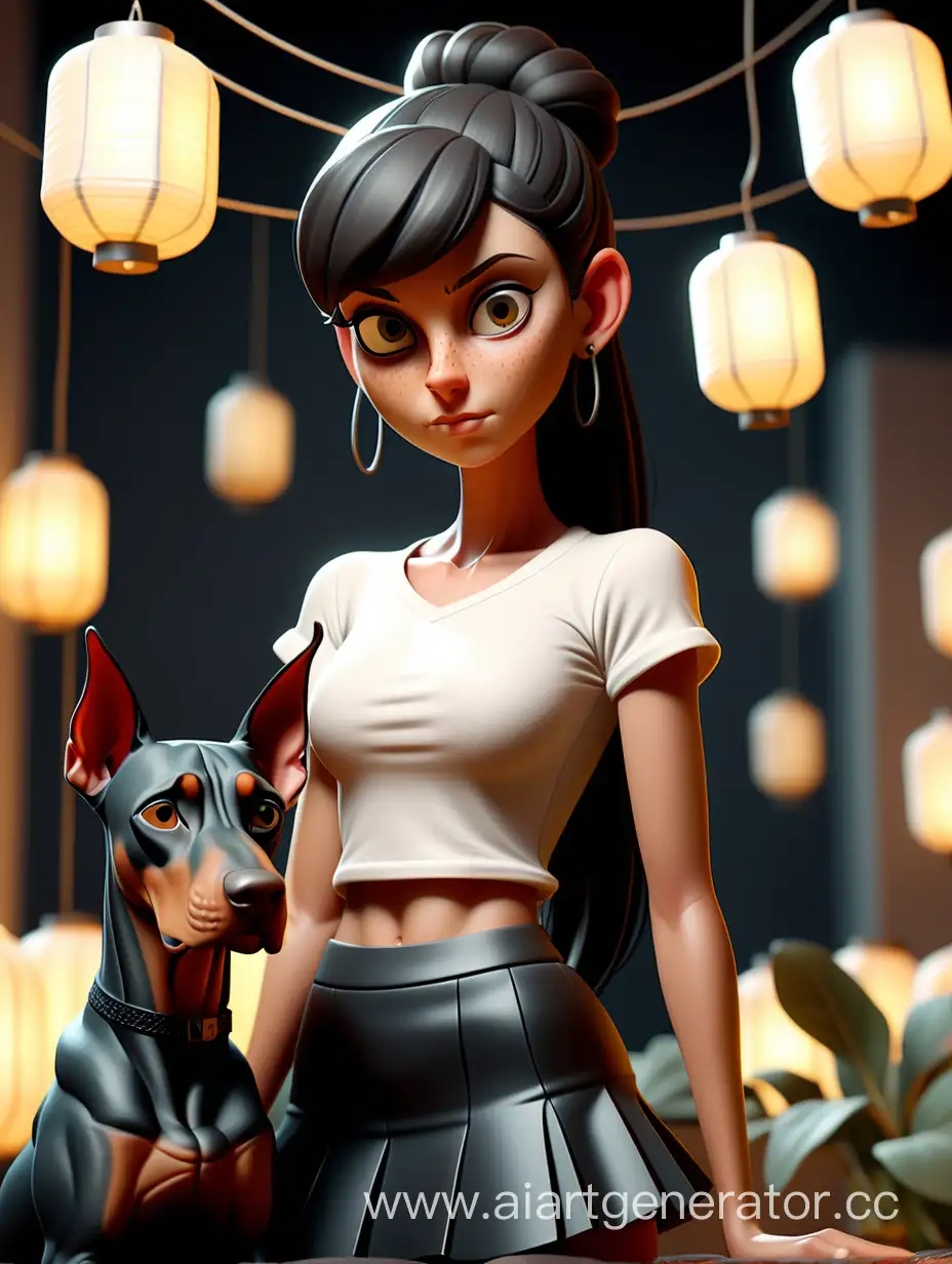 A girl in a white top and a black mini skirt with a doberman,night,lanterns,black long hair gathered in a ponytail, extremely detailed, majism, large-scale figure, dazecore, color photography, magnificent details, photorealistic, over-detailed, excellent color reproduction, white balance, professional RGB photography, natural lighting, Cinematic lighting, Studio lighting, Soft lighting, Volumetric, Beautiful lighting, Accent lighting, Global lighting, Global illumination of the screen space, Scattering, Glow, Shadows, Post-processing, Post-production, Cell shading, Tonal display, insanely detailed and complex, hyperminimalistic, elegant, over-detailed, over-detailed, complex details, environment