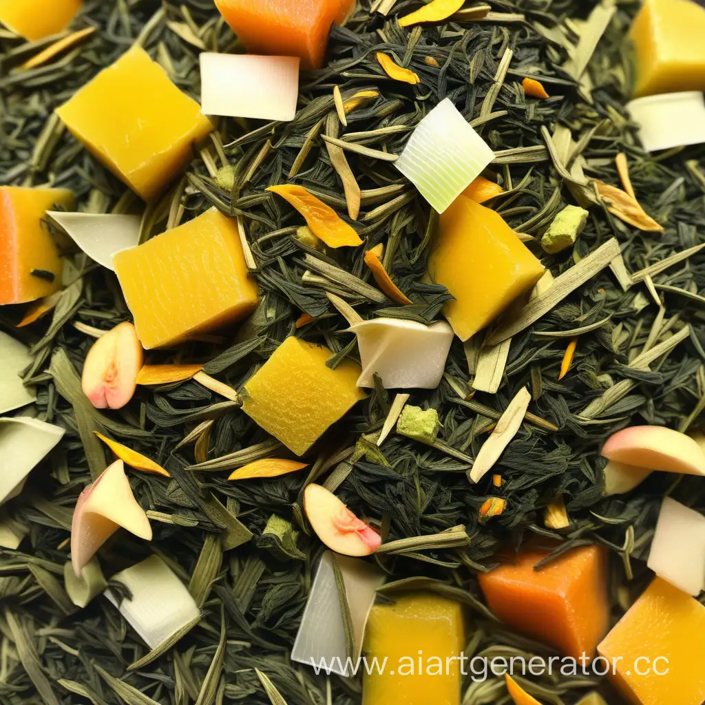 Прекрасный зеленый чай сенча с коркой апельсина, кубиками манго, персика, дыни, тайской груши, лепестками сафлора 

