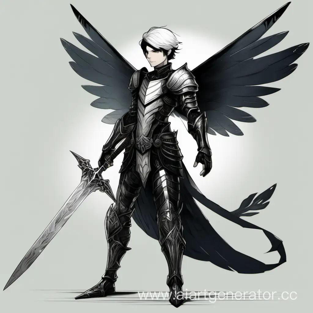 dude fairy with black wings like a bird, and black-and-white short hair, steel armor, and a long sword