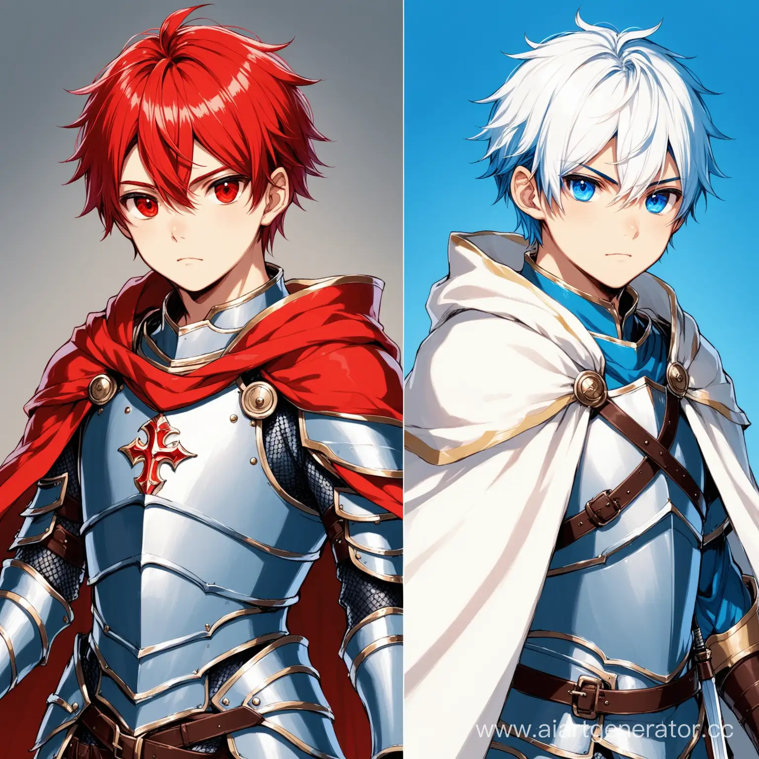 
Молодой 18-летний парень, разный цвет глаз (левый синий, правый красный) и белыми волосами, одетый в доспех и белый плащ, в руке двуручным меч.