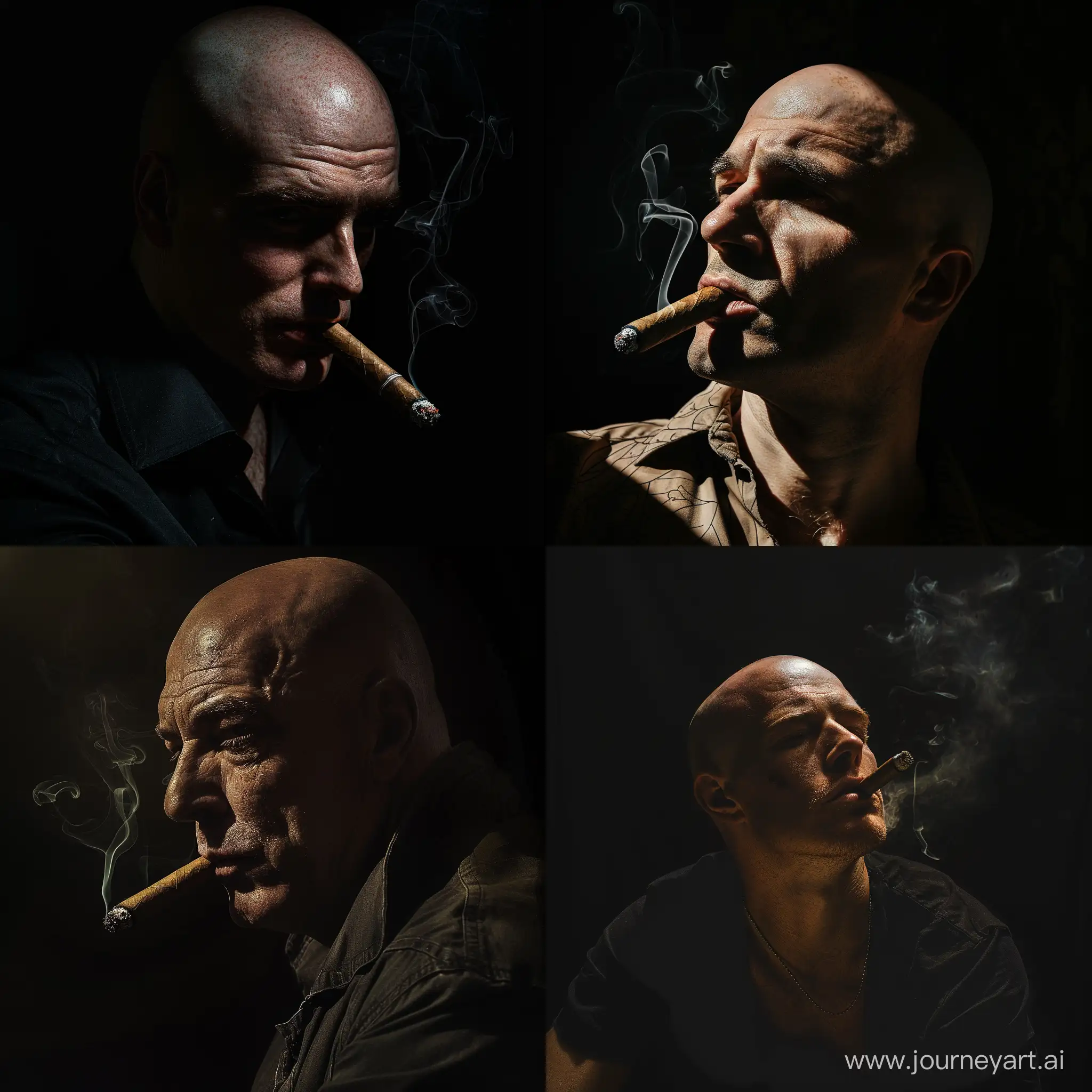 portrait photograph of a bald handsome, Absorbing chiaroscuro shot of bald man, half in light, stromg shadows, mysterious,immersed in shadows, smoking a cigar on black background. minimalistic and Hyper realistic style


