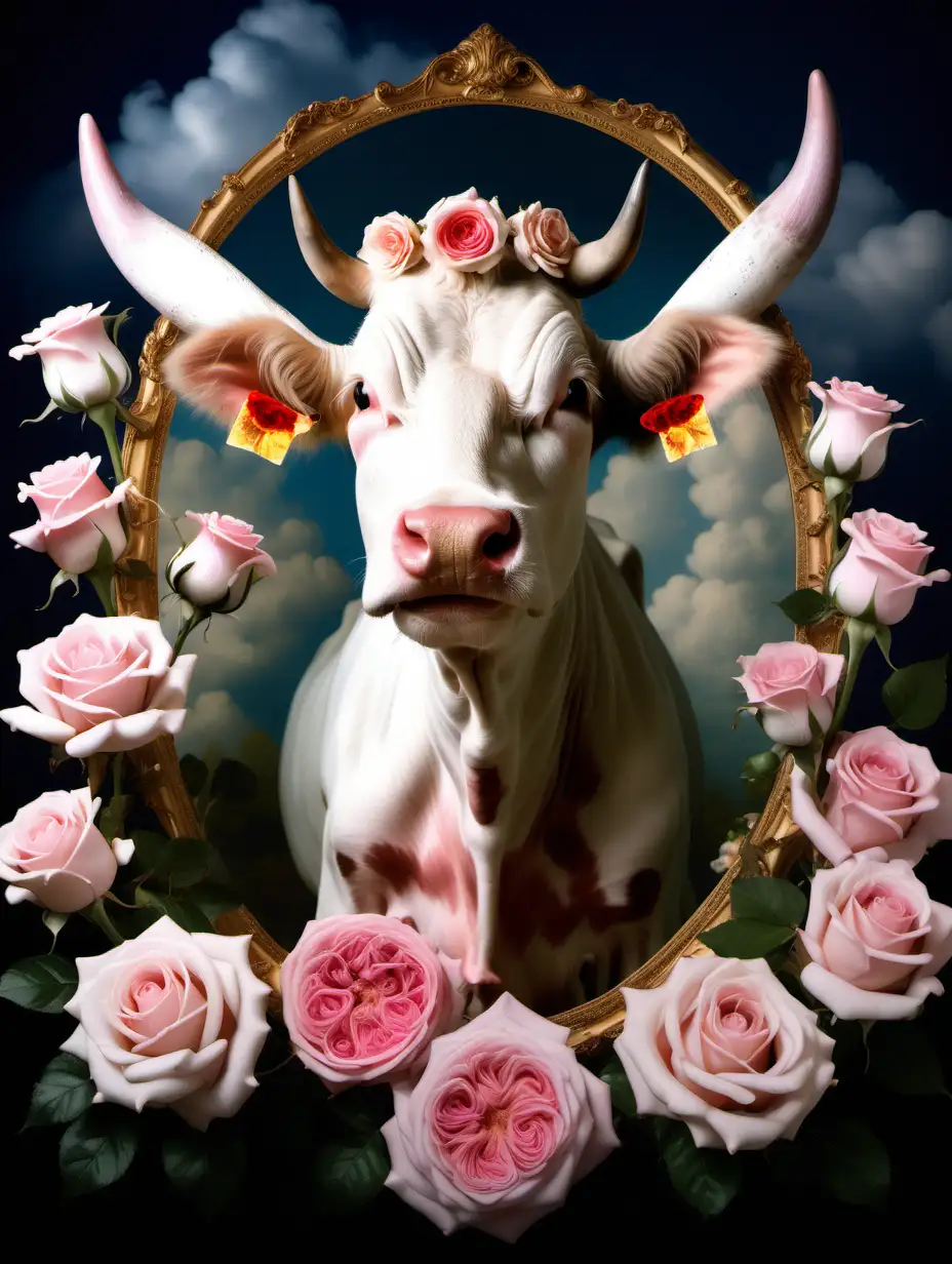 A photo in the style of Pierre and Gilles of a cow surrounded by smal flying cherubs and roses