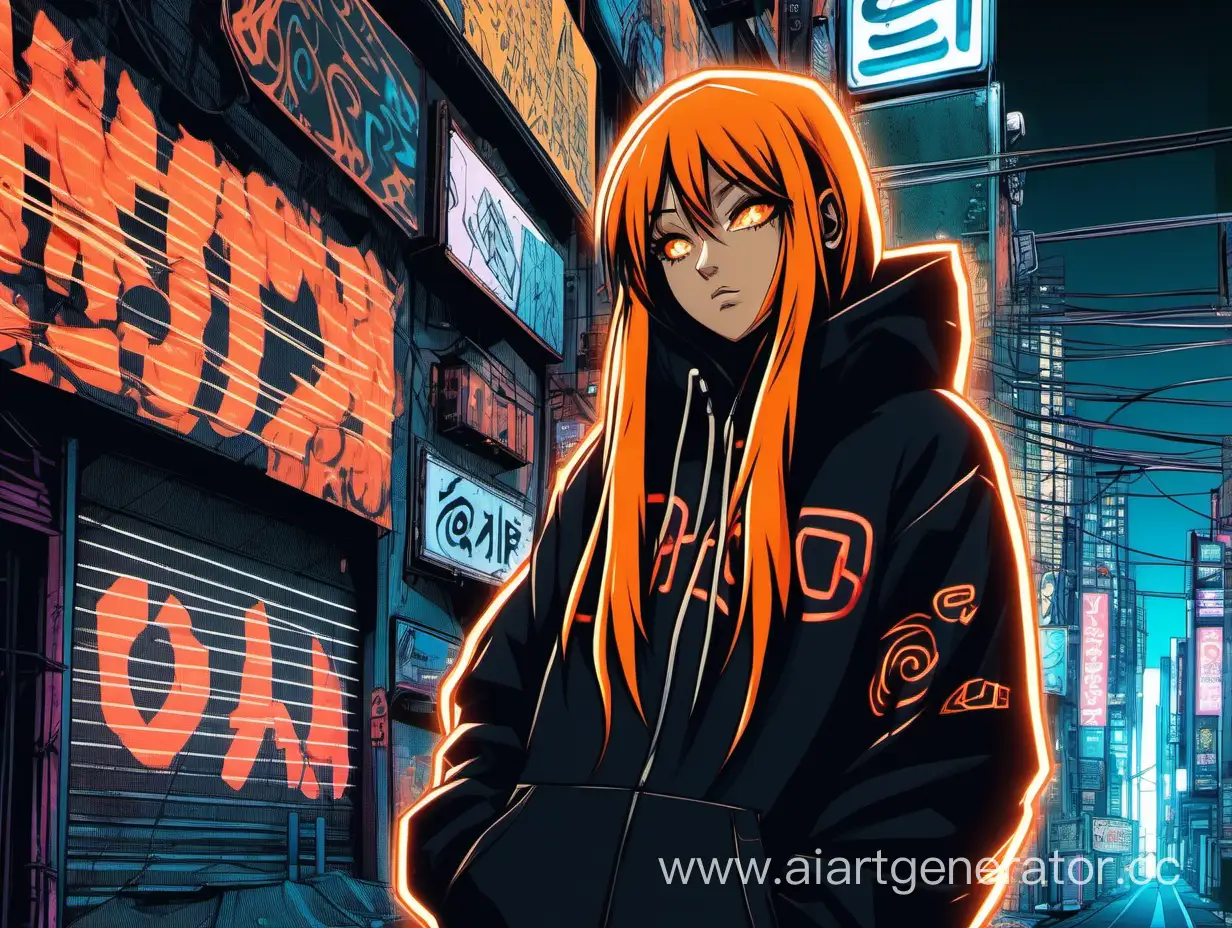 a girl with orange long hair, no bangs, looks at the city on street, stands, in full growth, in a black hoodie in the right corner.  bottom view. neon signs, cyberpunk. in the Naruto style