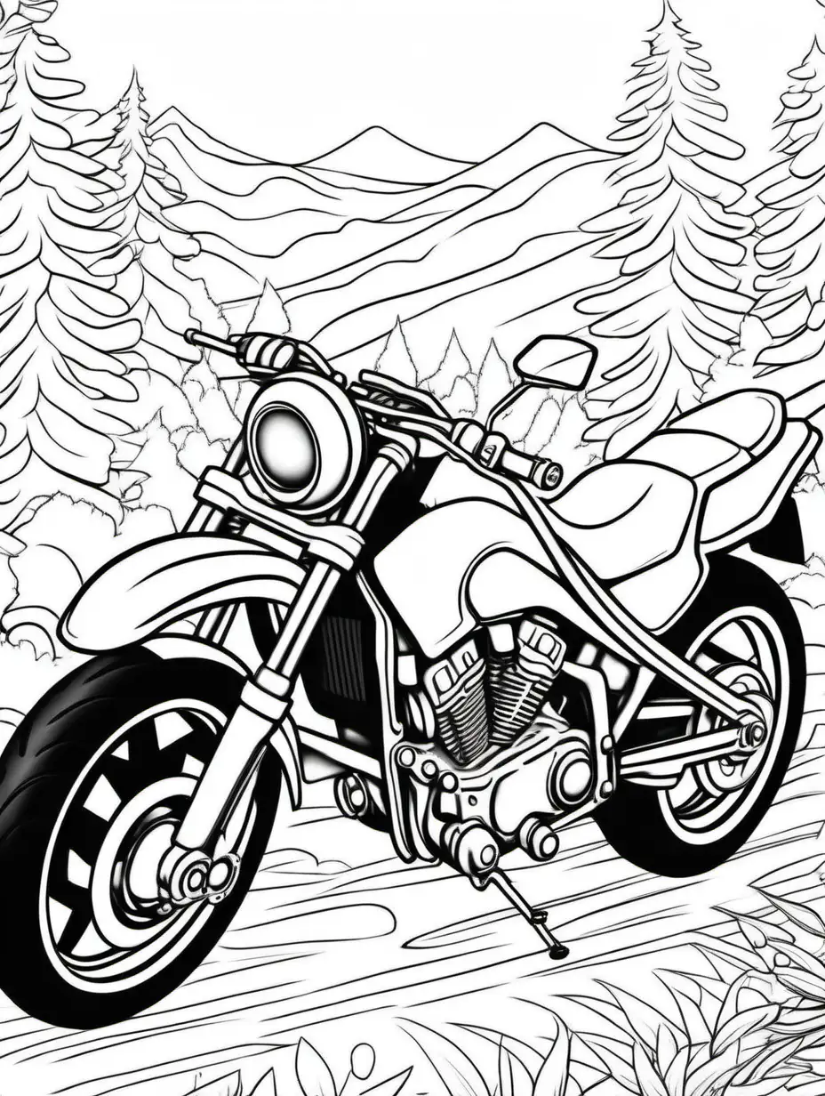 coloring page for young kids, showing full motor bike body, white nature background