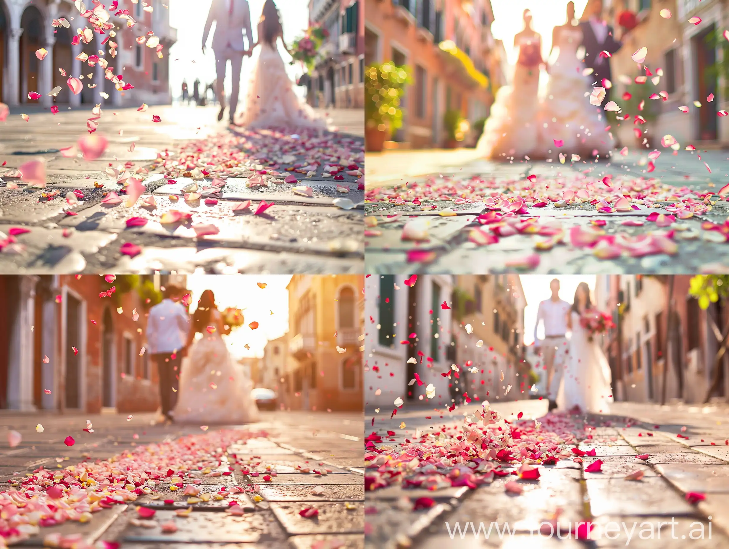 Romantic-Wedding-Stroll-Young-Couple-Amidst-Rose-Petal-Shower-in-Venice