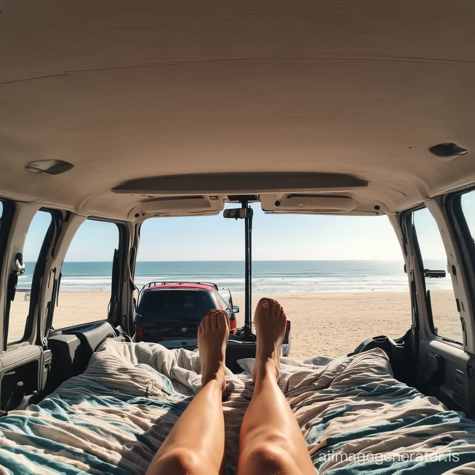 You lie in the trunk and there's a great view from the minivan of the beach.
