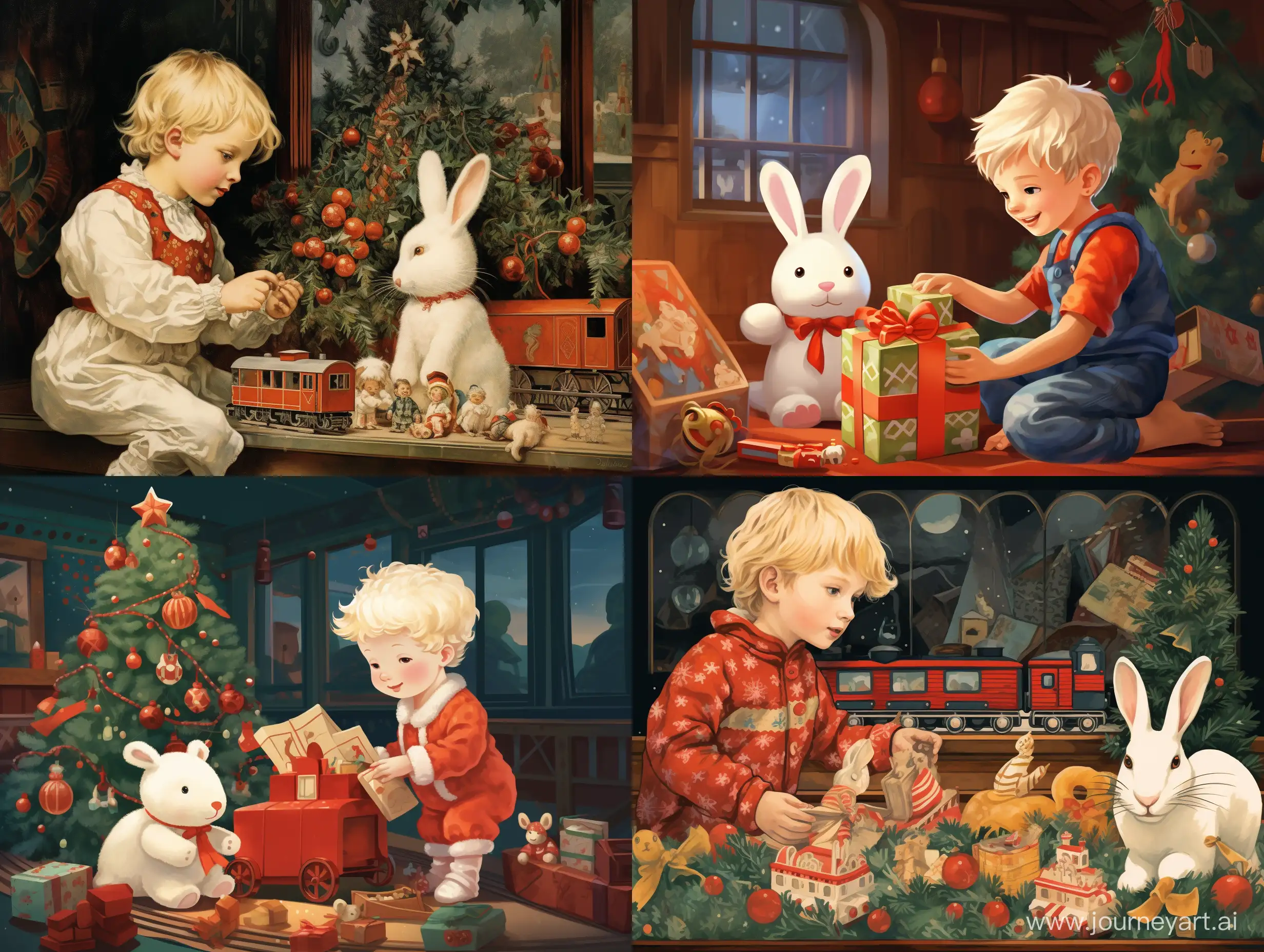 Санта Клаус кладет под ёлочку паровозик а рядом стоит Светловолосый мальчик в пижаме зайчика