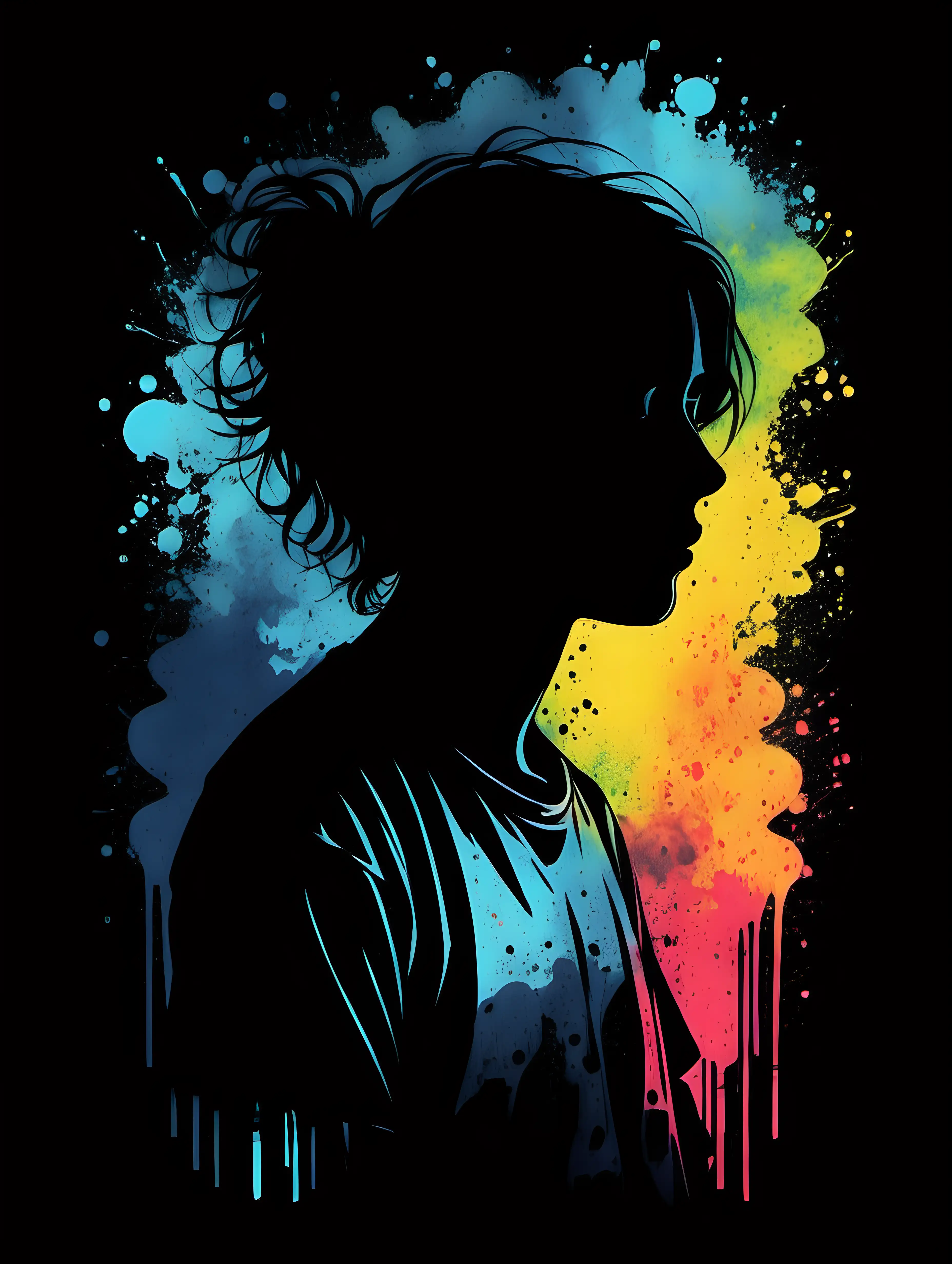 A silhouette of a sad person.

Style: Bright water Colour.
Mood: Grunge

T -shirt design graphic, vector, contour, black background.