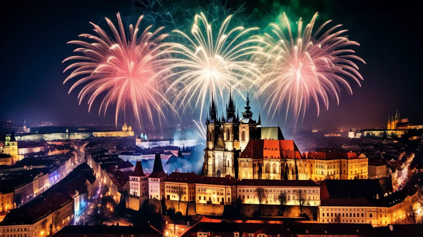 Aerial shot of Prague, Prague Castle, New Year's Eve fireworks, all over the sky, colorful, jubilant, breathtaking, dynamic, high contrast, in the style of Alfons Mucha's painting

