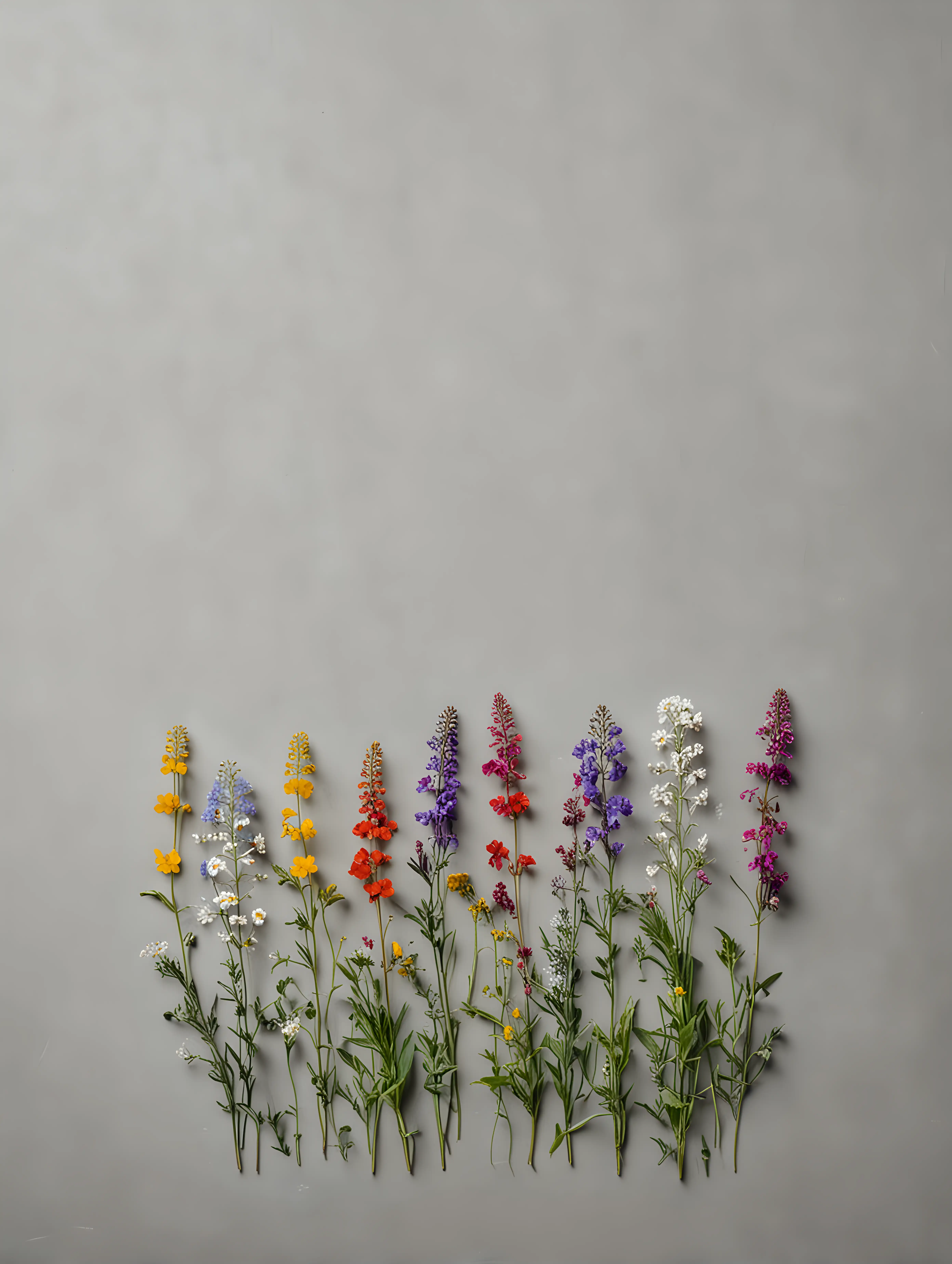 a single row of wildflowers grows in front of a neutral gray background.