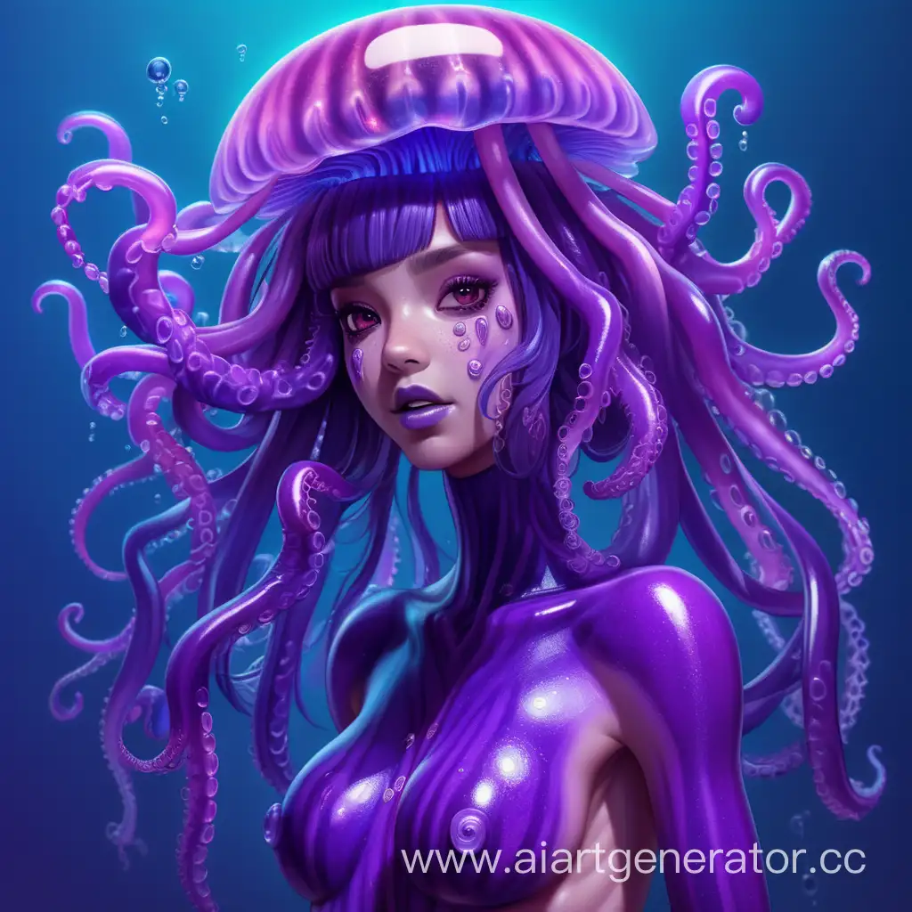 Хуманизация медузы в латексную девушку с фиолетовой кожей с щупальцами медузы по всему телу. с медузой вместо прически 