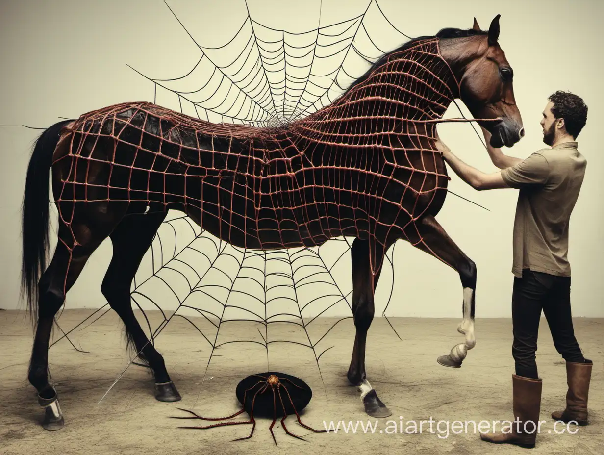 Лошадь рядом с человеком пауком