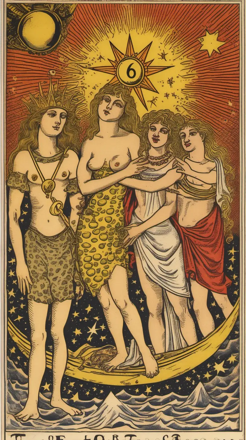 A Tarot card from the Marseille deck, displaying the number 6 in the upper left corner, portrays The Three Transsexual Lovers, above them the sun, the moon and the stars, there is a triangular labyrinth, and on the background the scenario of an opera, one of the lovers cries while another one laughs, one carries a huge weight on his back and another one's feet are burning, they all eat, one has an earring, there is a crocodile, a lemon, a frog and a piglet, there is a sea of black milk and a chocolate salami.