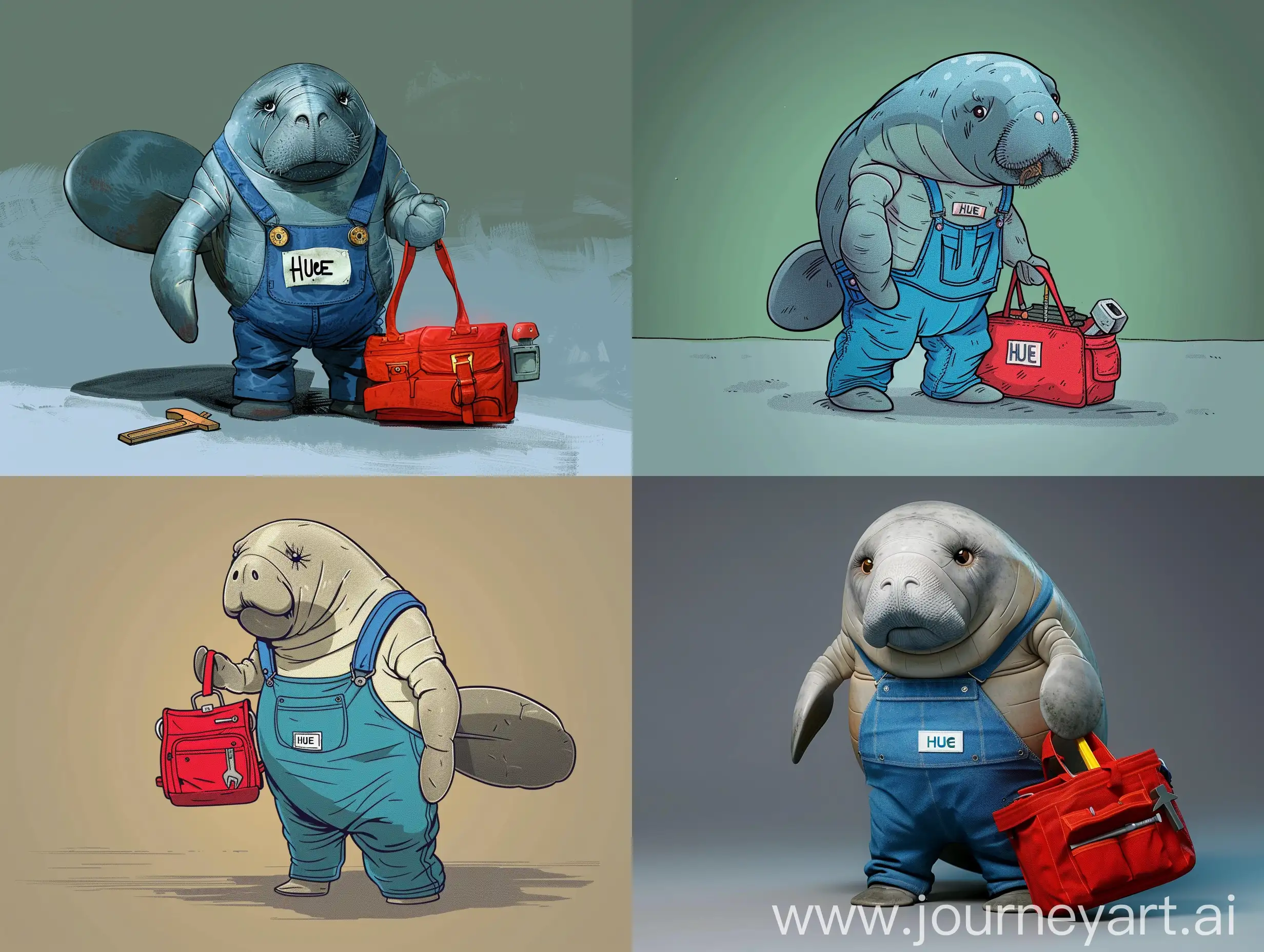 Cartoon like picture of a human like manatees in blue overalls carrying a red tool bag with Hue as his name tag