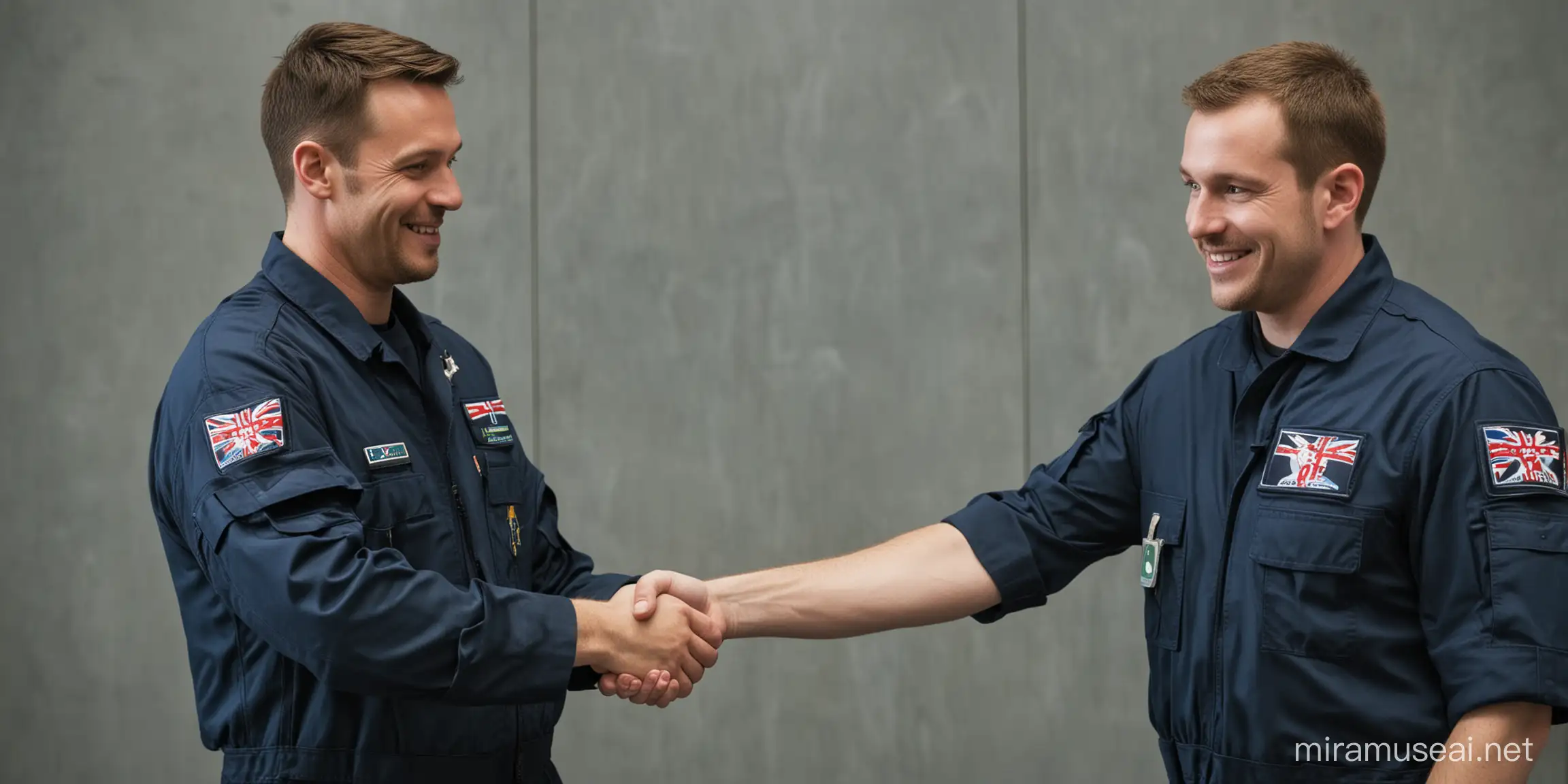 Paramedics in Dark Blue Flight Suits Shaking Hands in Professional Encounter