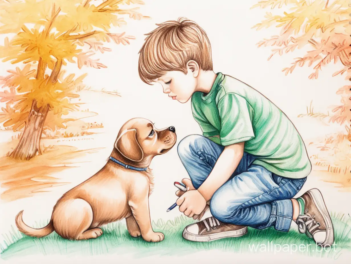 мальчик и щенок рисунок, цветной рисунок