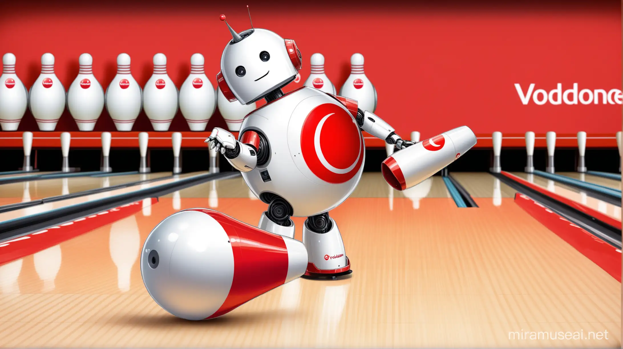 Vodafone Tobi Robot Strikes Bowling Pins with Celebratory Dance