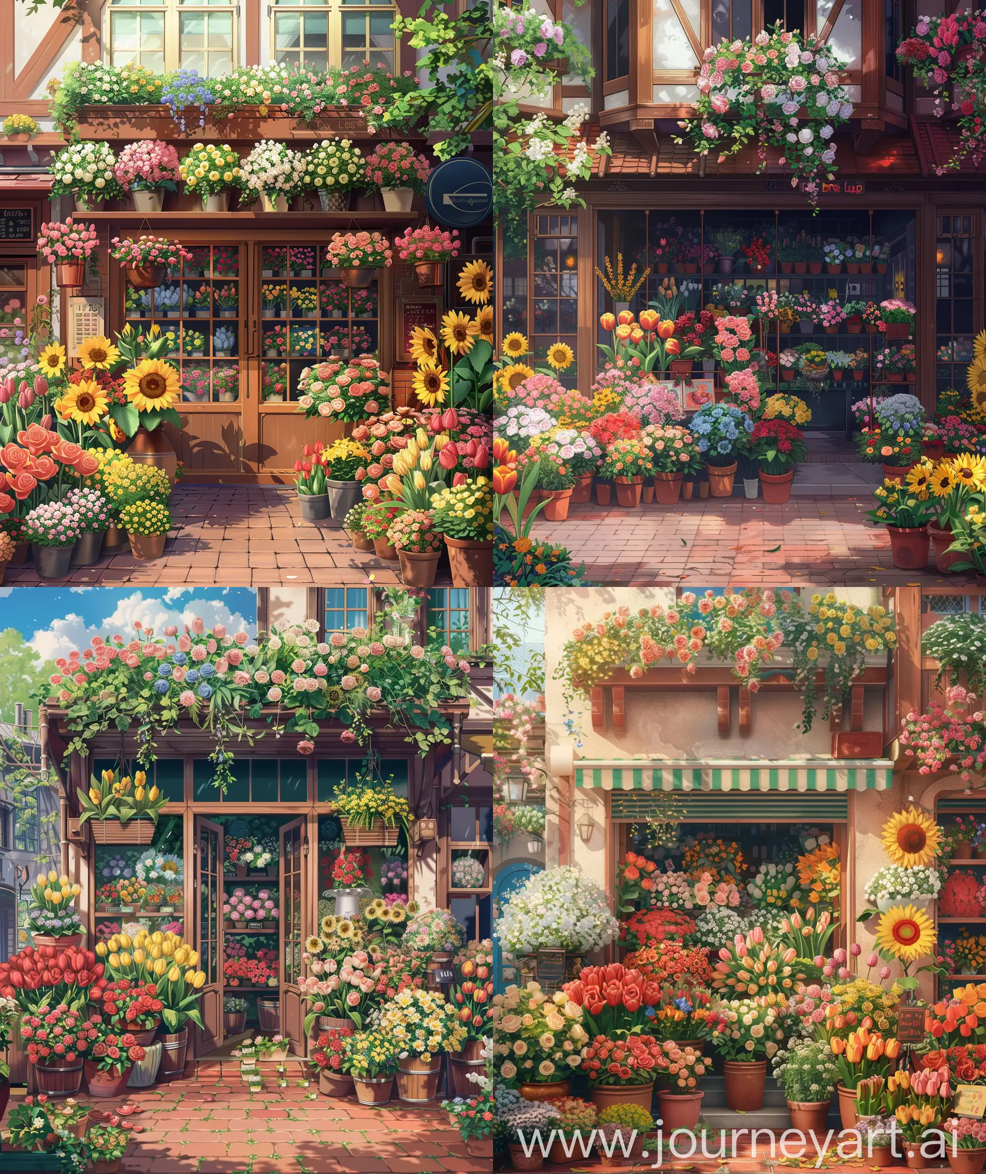 Anime scenary, vintage style, illustration, direct front facade view of flower shop, many flowers, rose, tulip, sunflower, many beautiful flowers, display in flower shop front, beautiful view, aesthetic look, anime scenary, Ghibli look, illustration, ultra HD, high quality, no blurry image, no hyperrealistic --ar 27:32 