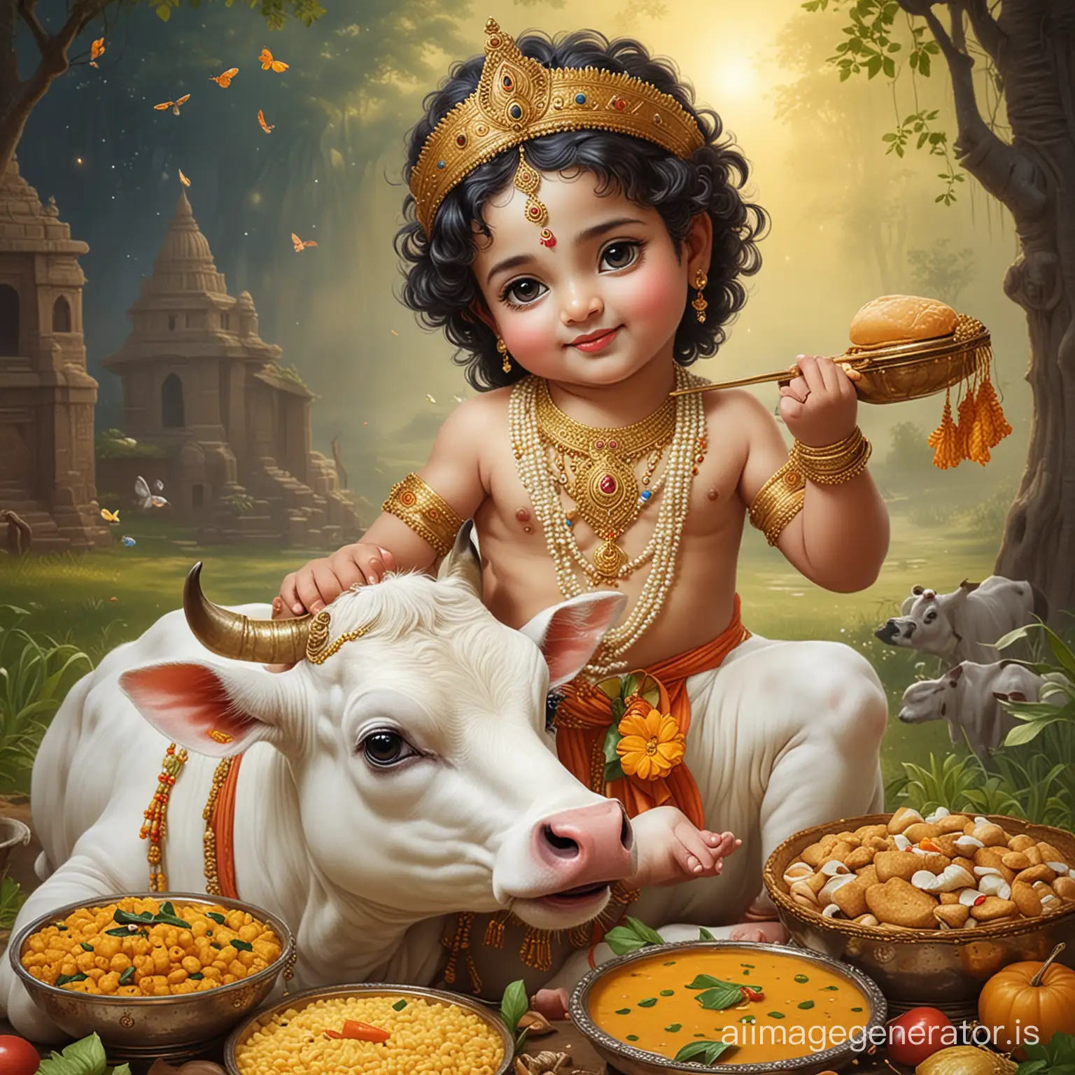 Cute krishna with cow and food