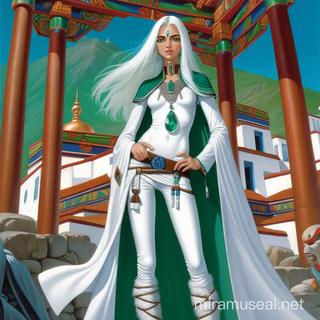 Enigmatic Teenage Warrior in White Outfit with Emerald Necklace against Tibetan Monastery and Goddess Kali Background