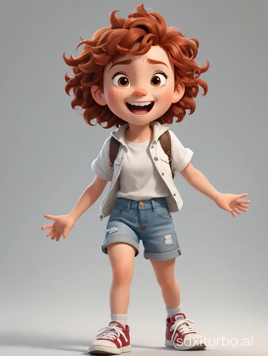 a cartoon character 6-year-old little girl, sweet happy girl, freckled face, short red hair, high resolution curly hairstyle, white shirt, denim shorts, maroon sneakers.high quality, multiple poses and actions, multiple expressions, character sheet, Pixar animated Yeti, cute cartoon style rendered. white background,