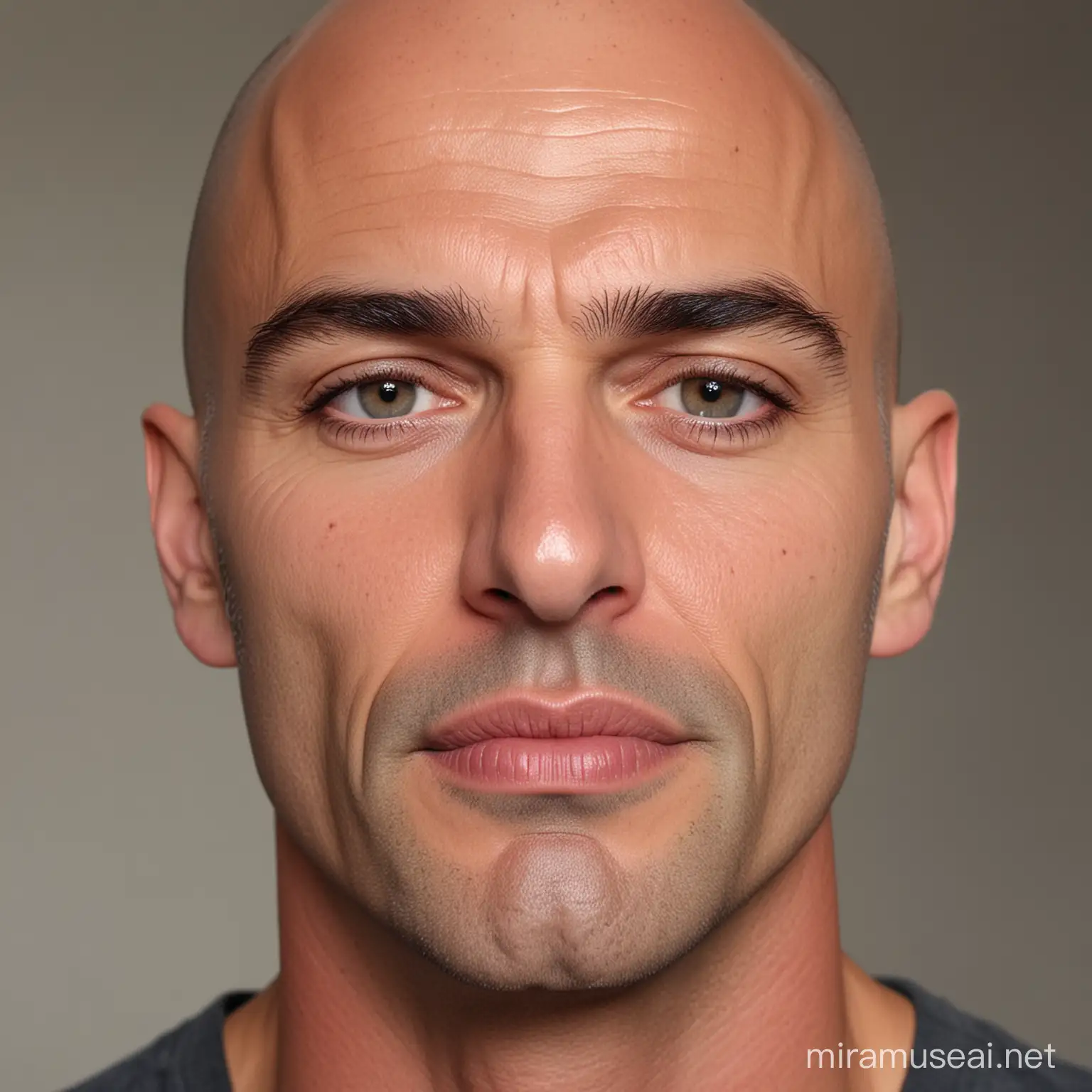 48 yo handsome french man face, shaved, symmetric face, handsome, huge lips, thick brows, perfect, HD, 8K, skin texture, square jaw, front view, bald,