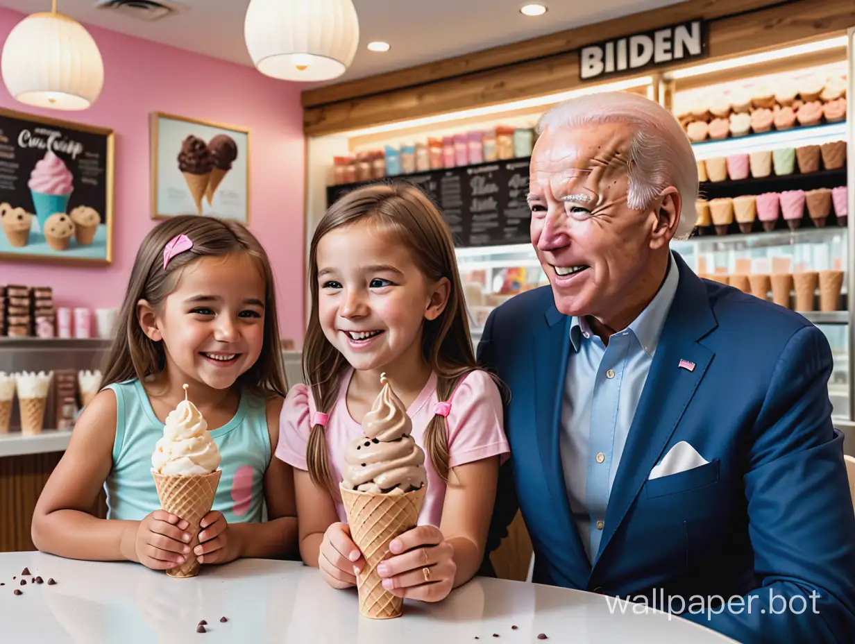 Joe Biden sitting with a young girl enjoying a choc chip ice-cream in an ice-cream parlour. They are sitting at a table, full shop scene, great detail, sharp images.