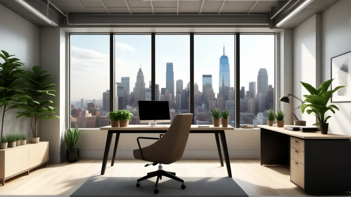 Create a photo-realistic image of a modern, well-lit office space with a large window showing a city skyline. The office should have a minimalist design with a few plants, a stylish desk, and a comfortable chair. The colors should be neutral and calming, with natural light coming in from the window. The perspective should be as if it's seen from a computer webcam, suitable for a video conference background. The image should be high resolution and fit a 16:9 aspect ratio