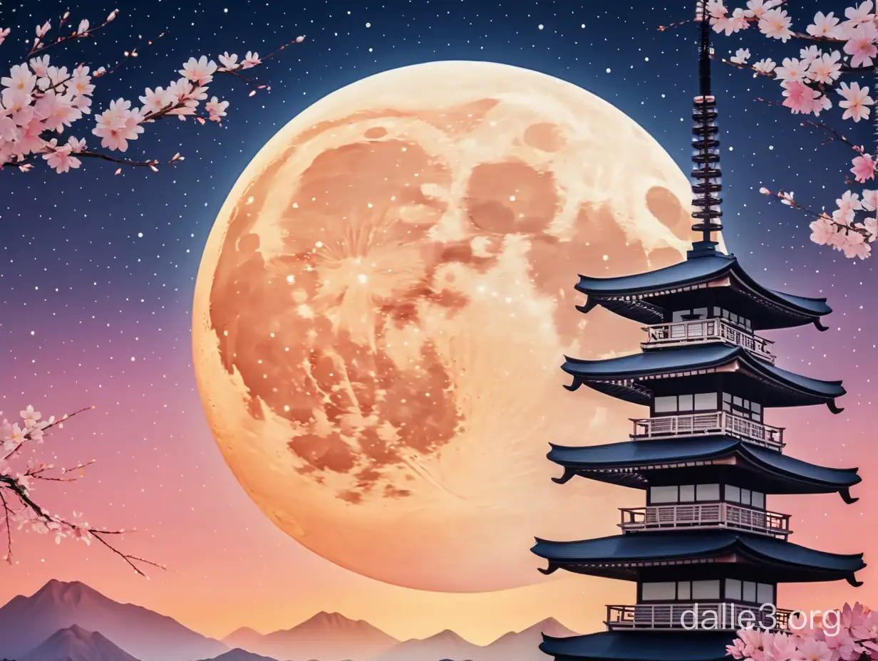 Фон большая луна, звезды, японский стиль, цвета заката