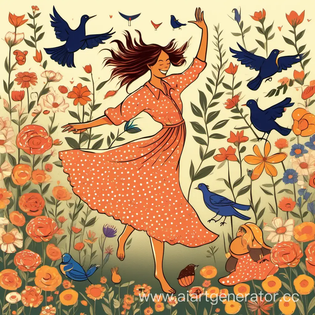 happy woman dancing around flowers and birds and cats