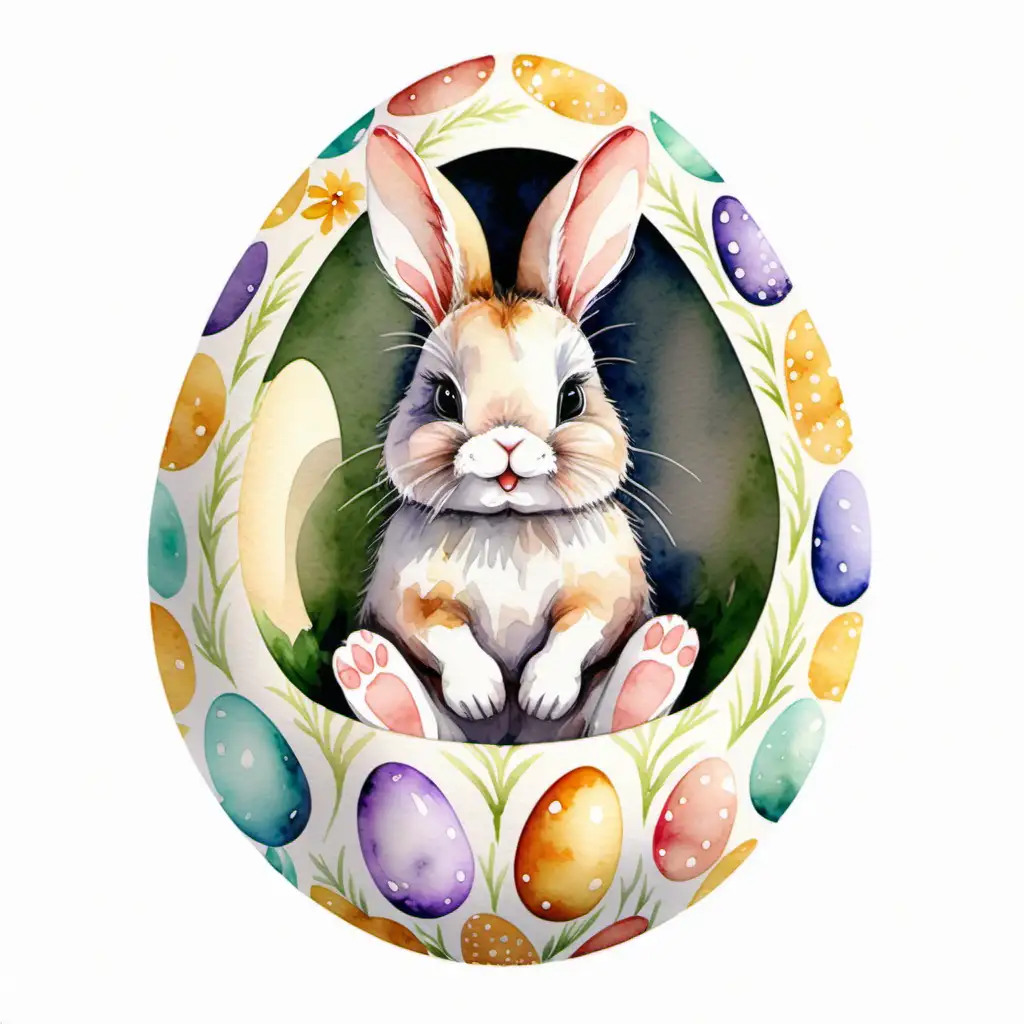 cute bunny sitting in easter egg, watercolor