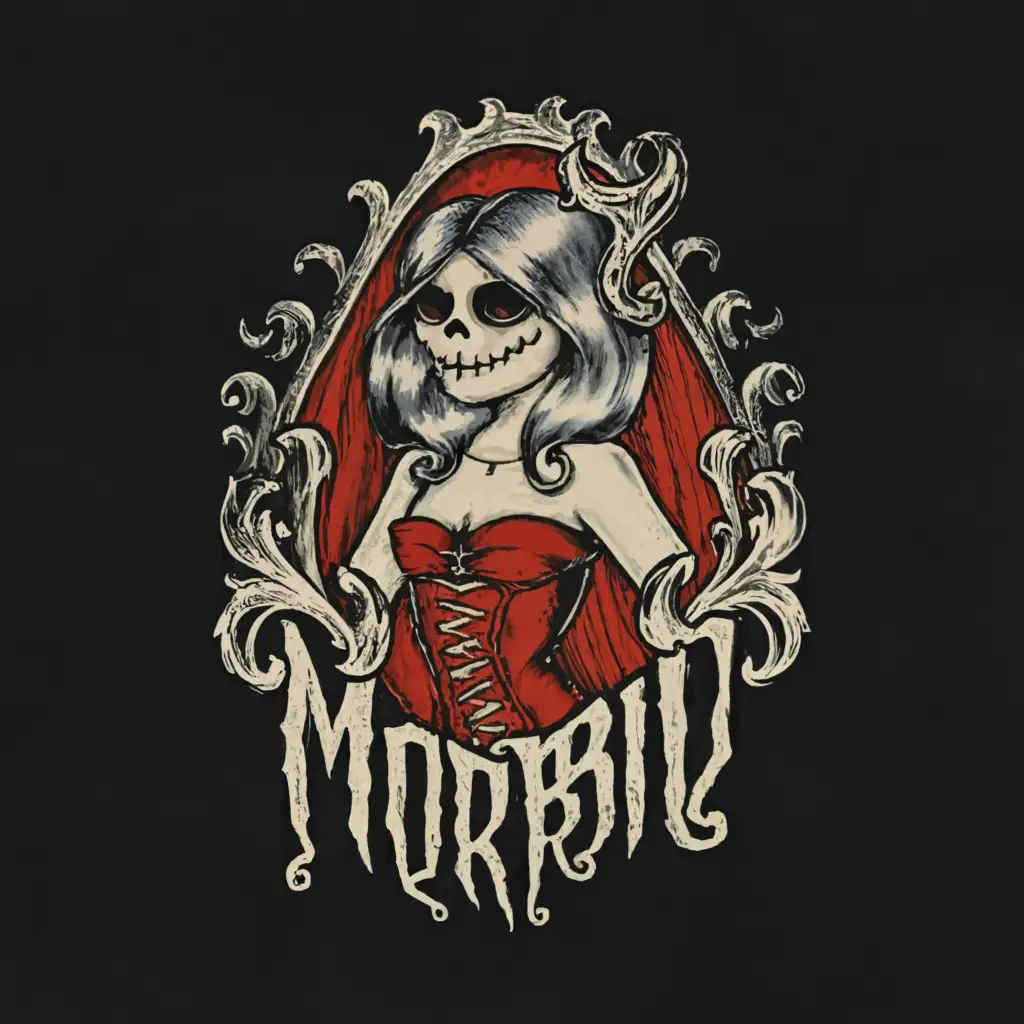 a logo design,with the text 'Morbid ', main symbol:Ragdoll, Gothic, sexy, red, death, devil, sassy, complex, clear background