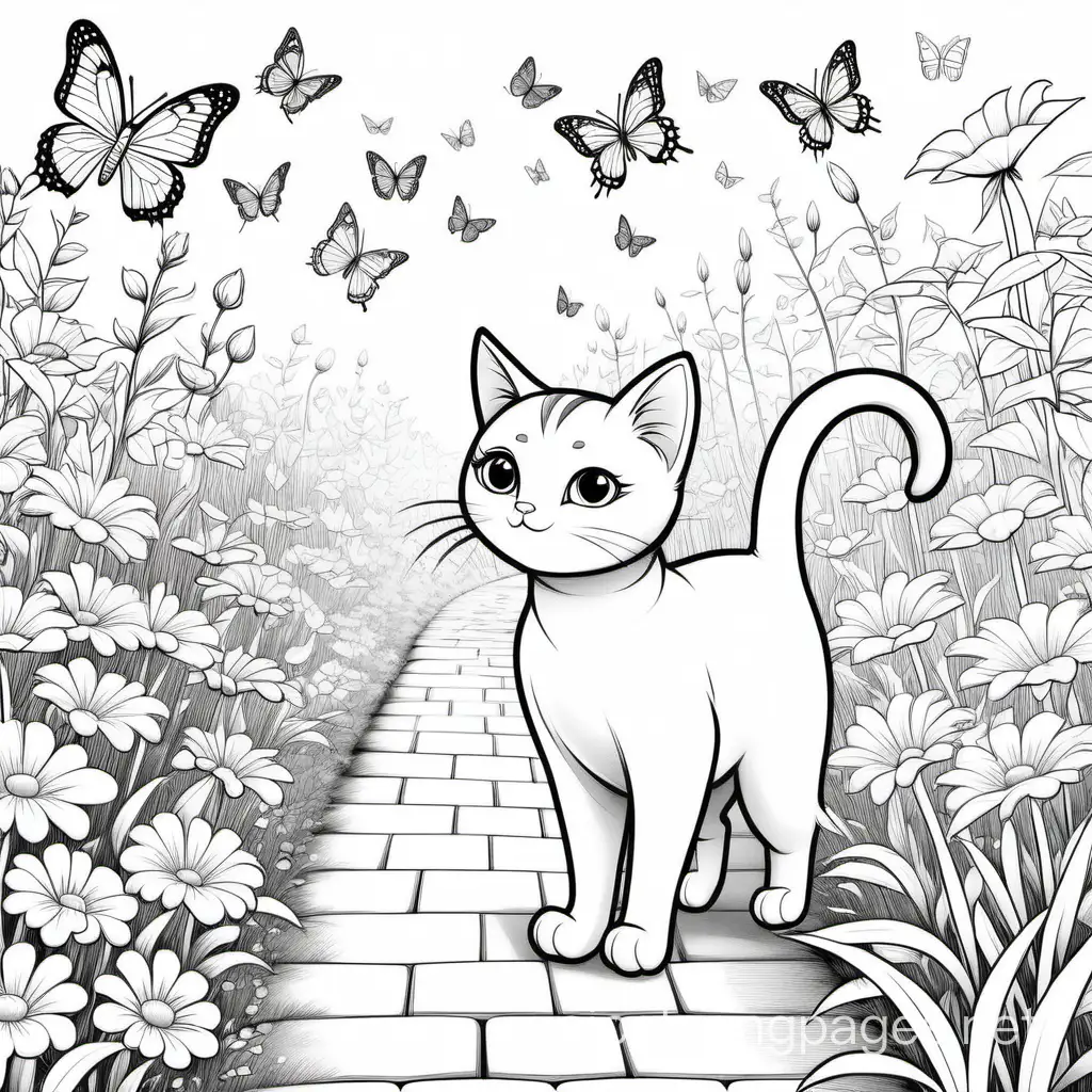 A cat taking a stroll on a path lined by blooming flowers and butterflies
, Coloring Page, black and white, line art, white background, Simplicity, Ample White Space. The background of the coloring page is plain white to make it easy for young children to color within the lines. The outlines of all the subjects are easy to distinguish, making it simple for kids to color without too much difficulty