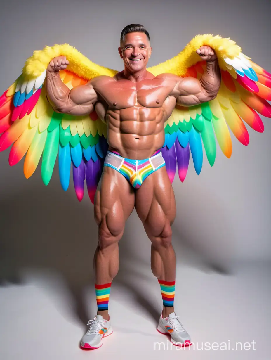 Full Body to feet Topless 40s Ultra Chunky IFBB Bodybuilder Daddy with Great Smile wearing Multi-Highlighter Bright Rainbow with white Coloured See Through Eagle Wings Shoulder LED Jacket Short shorts left arm up Flexing