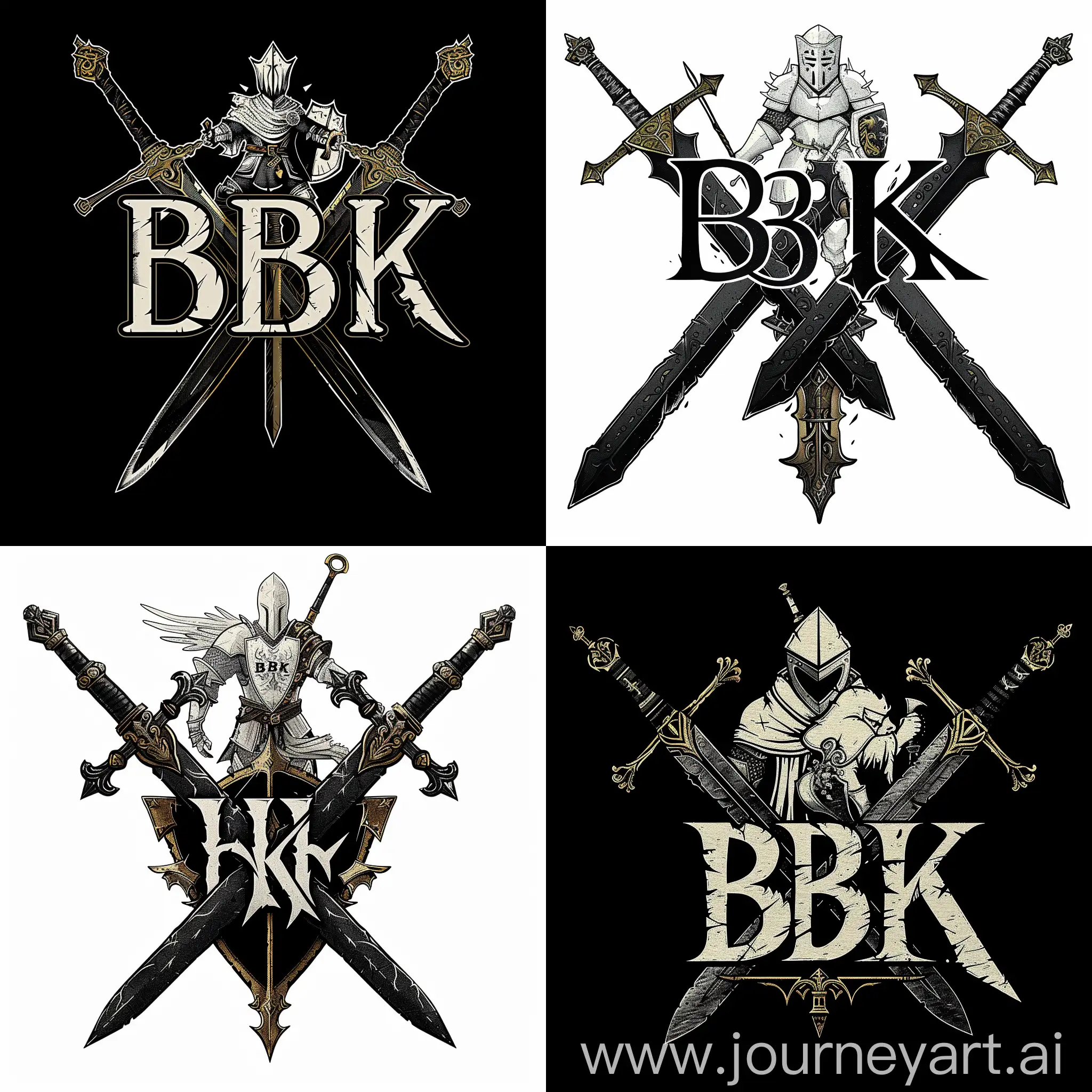 https://i.postimg.cc/qq77BkrS/1709915654324-3.png логотип "BK" Black Knight, где буквы "BK" стилизованы в форме двух скрещенных мечей с орнаментами на лезвиях, между мечами изображен белый рыцарь в боевой позе, держащий в руках щит и меч, цветовая гамма предусматривает черные мечи, белый рыцаря, готический для написания "BK" в форме мечей