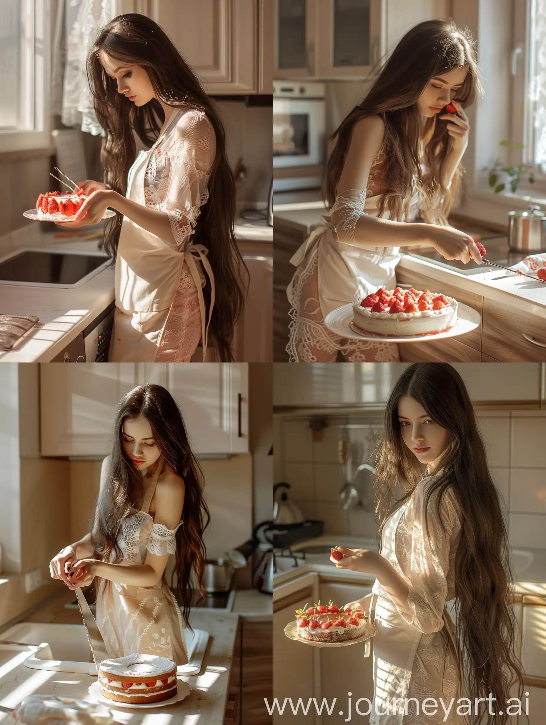 Playful-Brunette-Girl-Baking-Strawberry-Cake-in-Beige-Kitchen