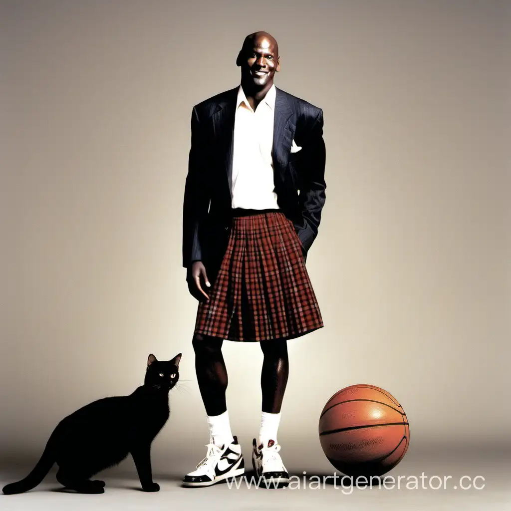 Майкл Джордан в юбке в клеточку с баскетбольным мячом с котом