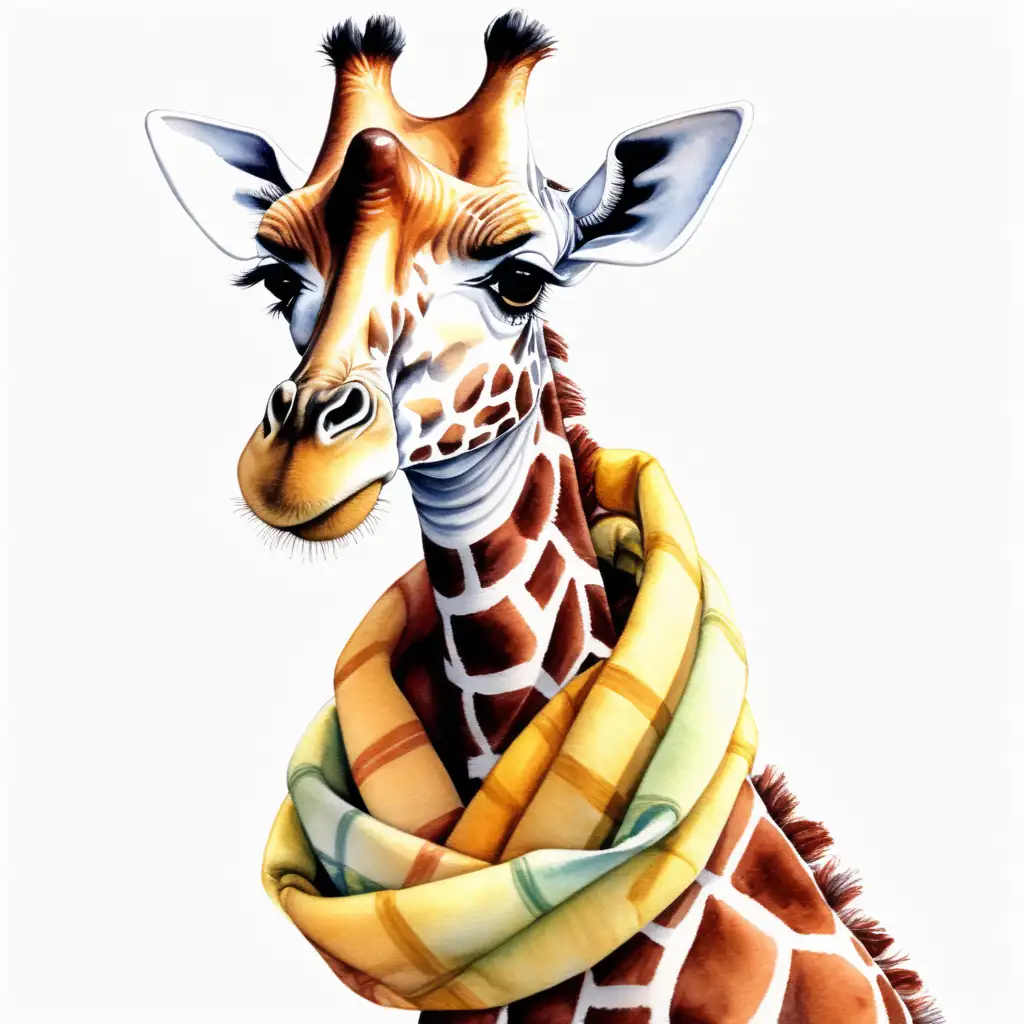 en giraff med ont i halsen så han har en halsduk virad runt halsen , i vattenfärg




