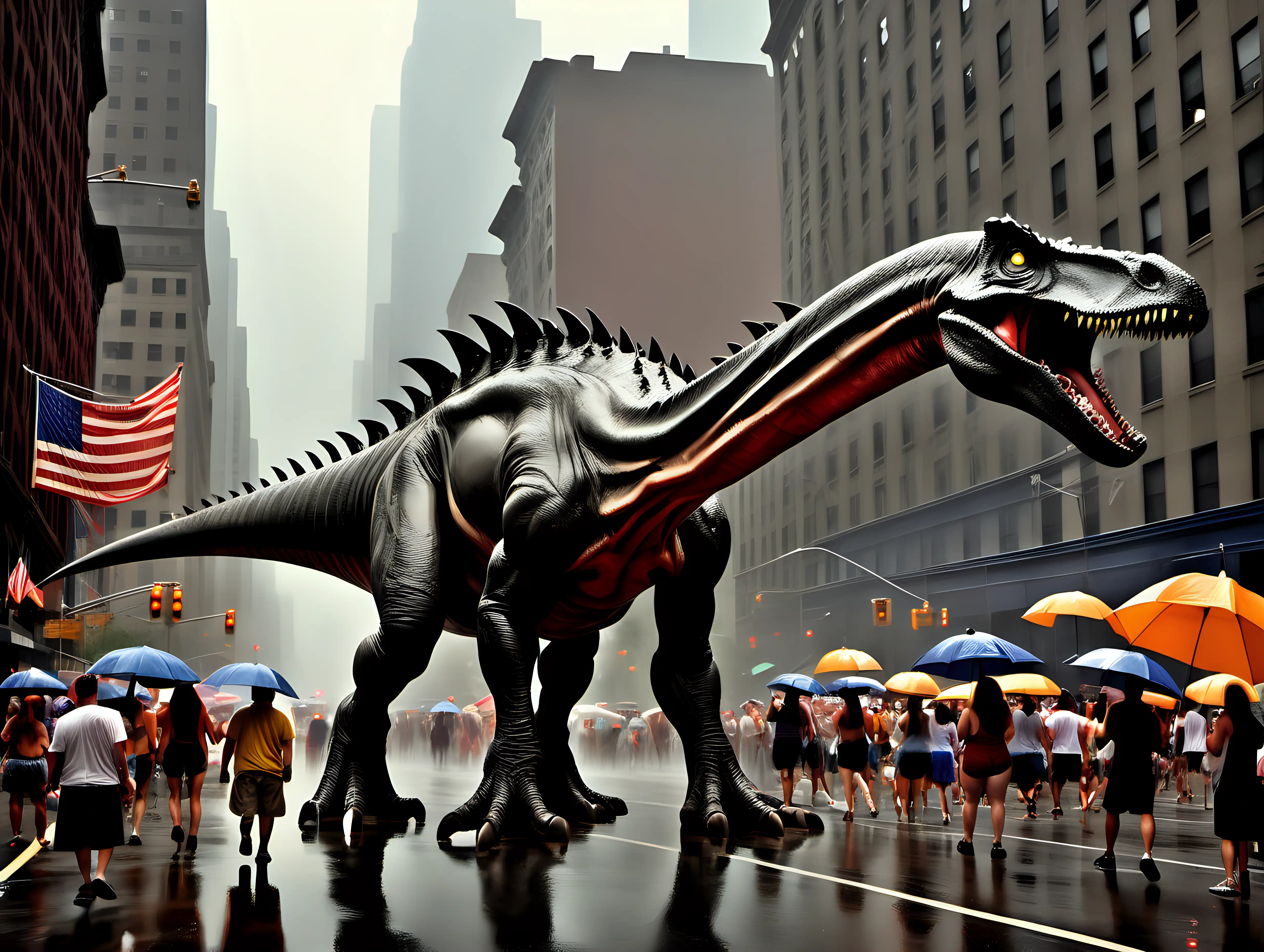 brontosaurus', pterodactyls, vampire bats, trolls, parading downtown NYC, summer rainstorm, Frank Frazetta style