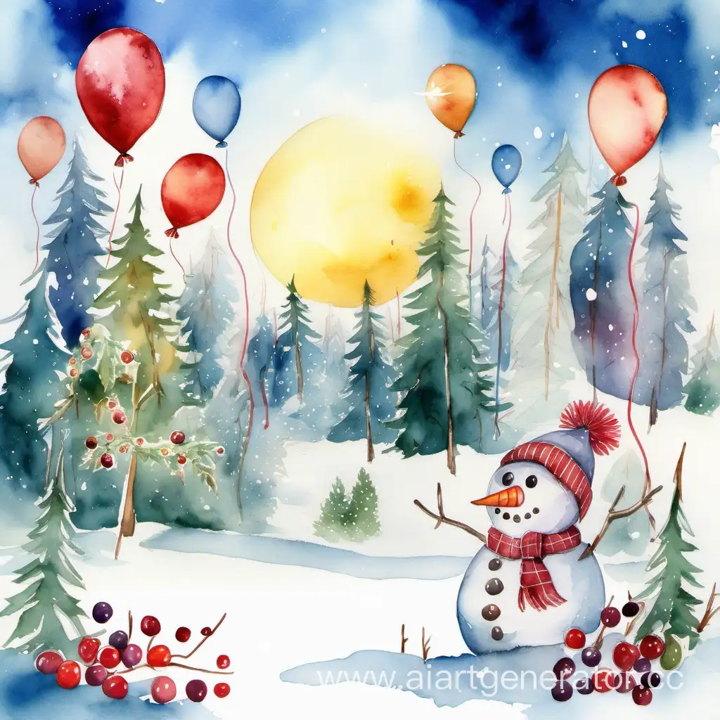 зимний лес акварелью, много ёлок, солнце яркое, на небе воздушные шарики, клюква , весёлый снеговик держит тортик со свечами и букет цветов
